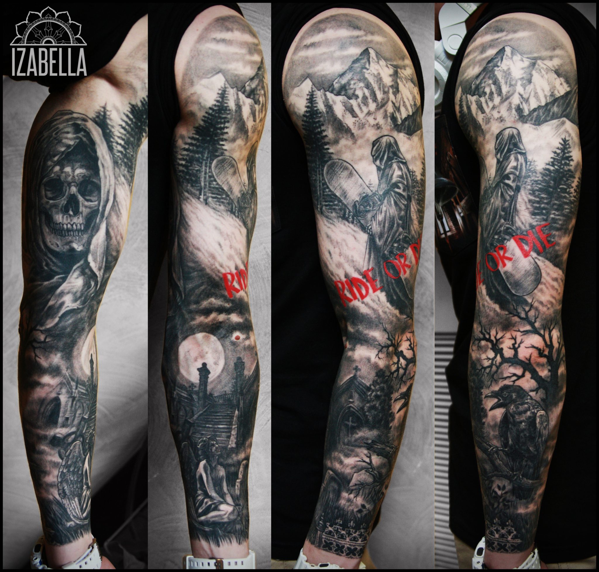A detailed black and grey sleeve tattoo featuring a grim reaper holding a snowboard in a snowy landscape, a skull, dark trees, a full moon, a haunted house, and the text 'RIDE OR DIE' in red. The design captures themes of death and adventure, making it visually striking and intricate.
