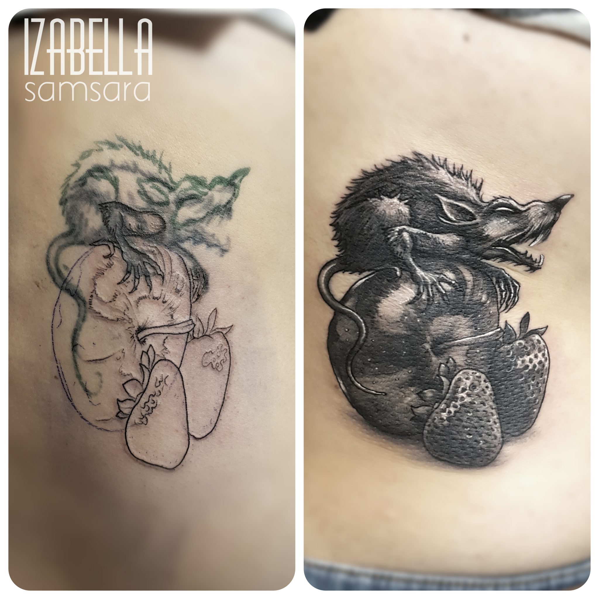 A detailed black and gray tattoo featuring a rat sitting atop a round fruit, possibly a tomato, with two strawberries beside it. The rat has a textured fur design and an expressive face, creating a dynamic and intricate imagery. The tattoo showcases shading techniques that highlight the dimensionality of the elements.