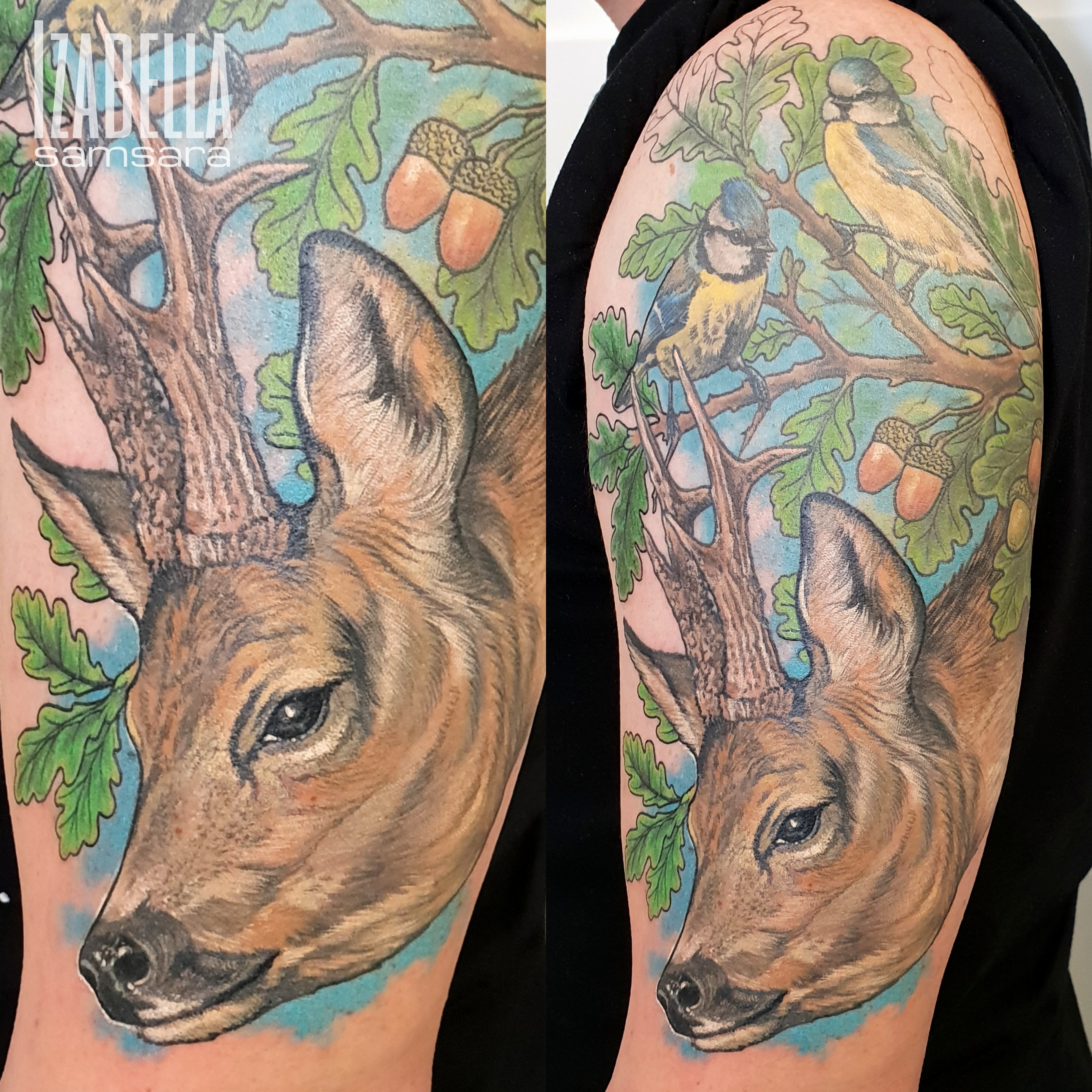 A vibrant tattoo featuring a detailed stag's head with prominent antlers, surrounded by lush green oak leaves and acorns. The background includes soft blue tones, enhancing the natural theme. Above the stag, two small birds, a blue tit and a yellow bird, are perched on branches, adding a splash of color and liveliness to the design.