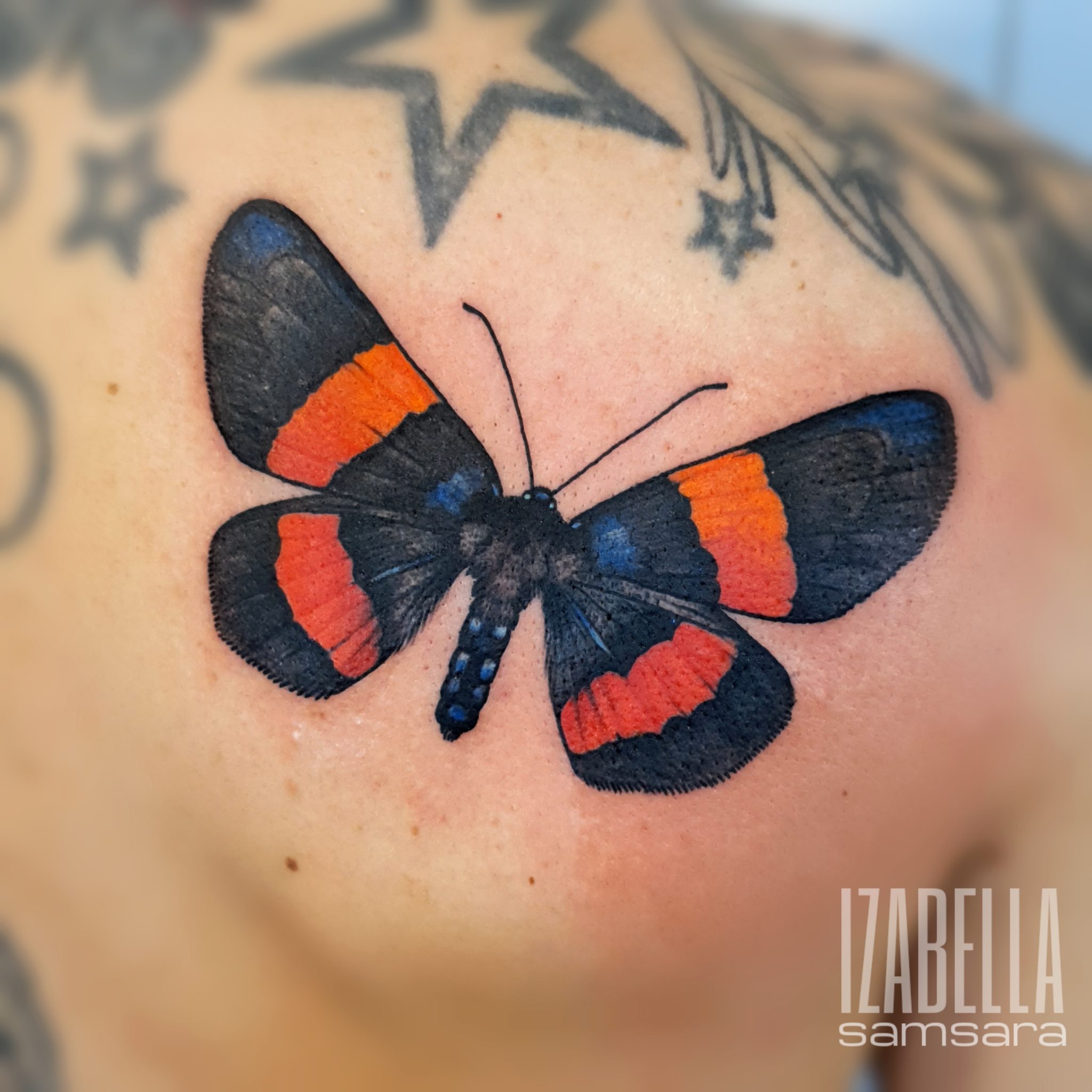 Realistic butterfly tattoo featuring vibrant colors of orange and black with intricate detailing, positioned on the shoulder, showcasing fine lines and shading for a lifelike appearance.