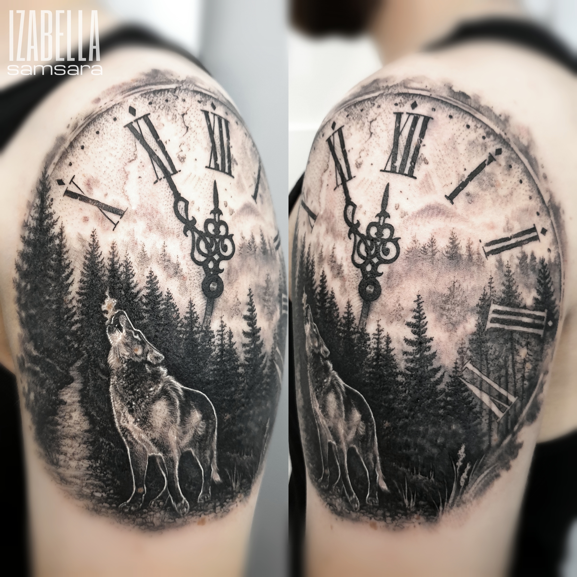 A detailed black and gray tattoo featuring a wolf howling against a backdrop of dense forest scenery. The tattoo includes an ornate clock design with Roman numerals, showcasing the clock hands pointing towards 'XII', set in a misty mountainous landscape. The composition blends nature and time, creating a mystical atmosphere.