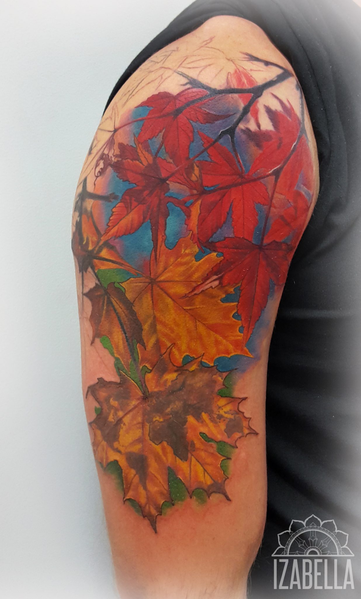 Vibrant tattoo featuring colorful autumn leaves in shades of red, orange, and yellow, showcasing detailed textures and natural variations, set against a soft blue background. The design covers the upper arm and exhibits a lifelike representation of seasonal foliage, ideal for nature-inspired body art.
