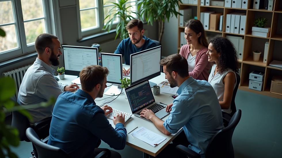 High angle view of a team collaborating on software maintenance tasks in an office