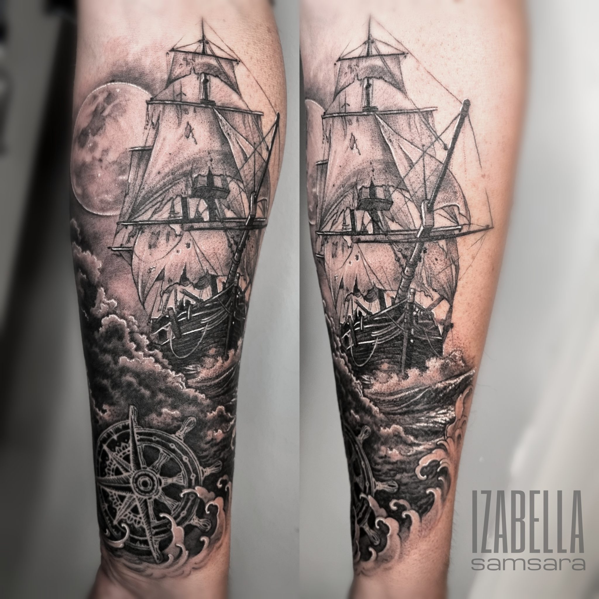 A detailed black and gray tattoo featuring a large sailing ship with billowing sails, navigating through turbulent waves. The ship is depicted against a backdrop of a full moon, adding a mystical element to the scene. A ship's wheel is prominently displayed at the bottom, enhancing the nautical theme. The artwork showcases intricate shading and realistic textures, making it a striking piece of body art.