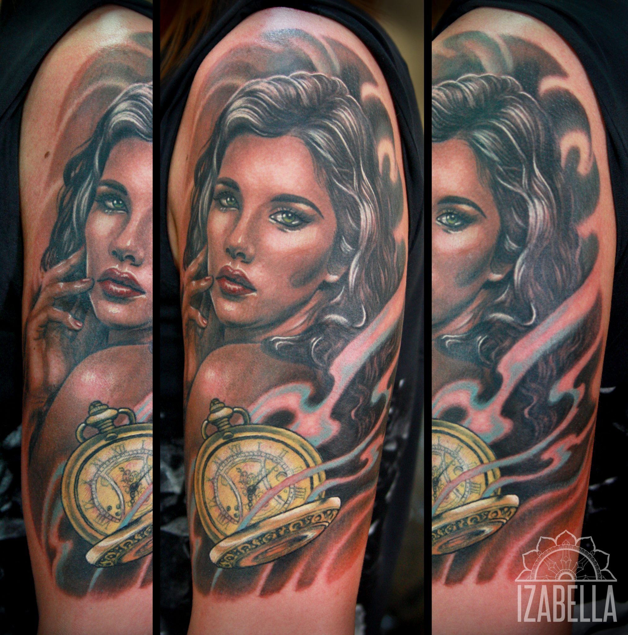 A vibrant tattoo featuring a portrait of a woman with flowing hair and striking green eyes, delicately posed with her hand near her face. Below her is a vintage pocket watch, intricately designed, with hints of swirling smoke that enhance the artistic depth. This colorful tattoo showcases detailed shading and realism, perfect for those seeking a blend of beauty and symbolism.