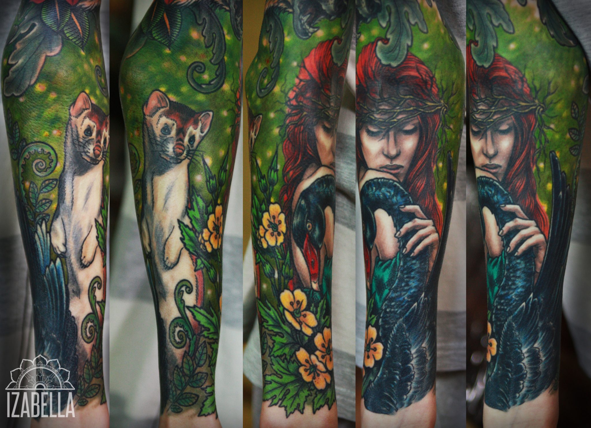 A vibrant tattoo featuring a woman with flowing red hair and a leafy crown, cradling a black swan in her hands. The design includes a white and brown ferret, yellow flowers, and green foliage set against a vivid green background, showcasing detailed colors and intricate shading.