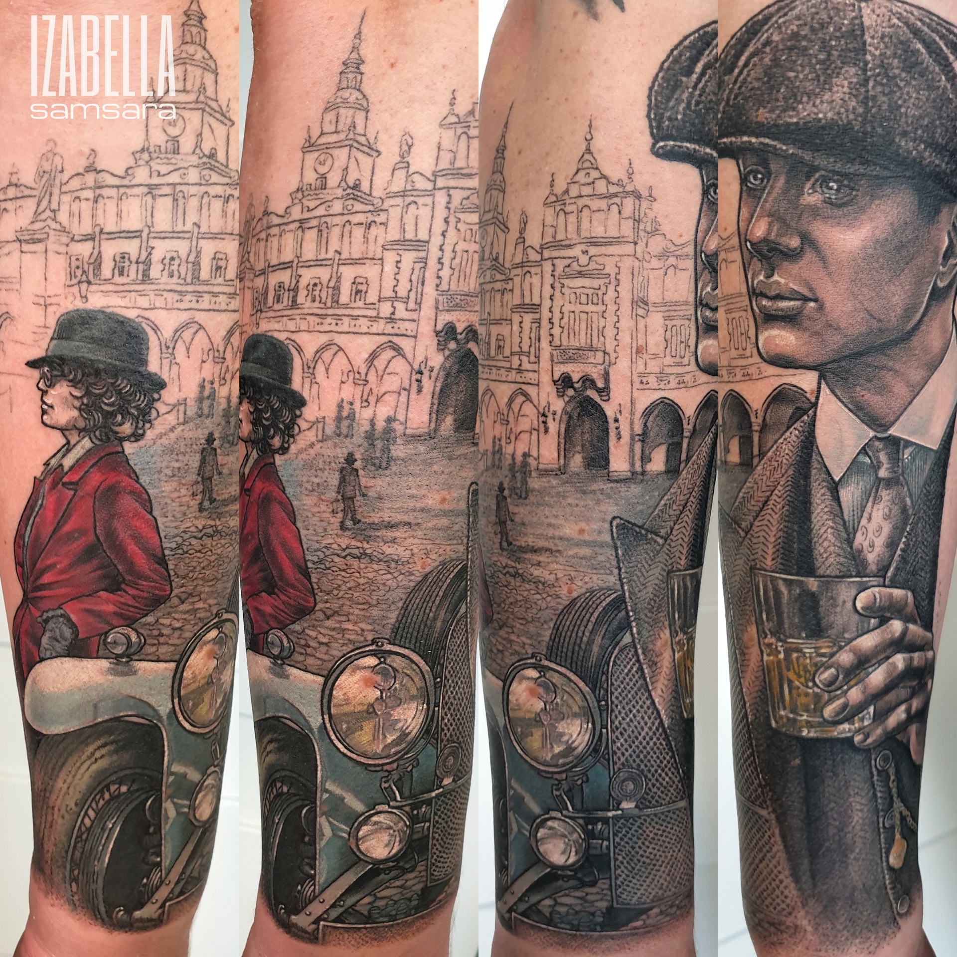 A detailed cover-up tattoo featuring a vintage street scene with historic architecture. In the foreground, a person with curly hair wears a black hat and a red coat, standing beside a classic car. Another figure, dressed in a suit and holding a glass, appears in profile. The background depicts cobblestone streets and several people walking, enhancing the nostalgic atmosphere of the artwork.