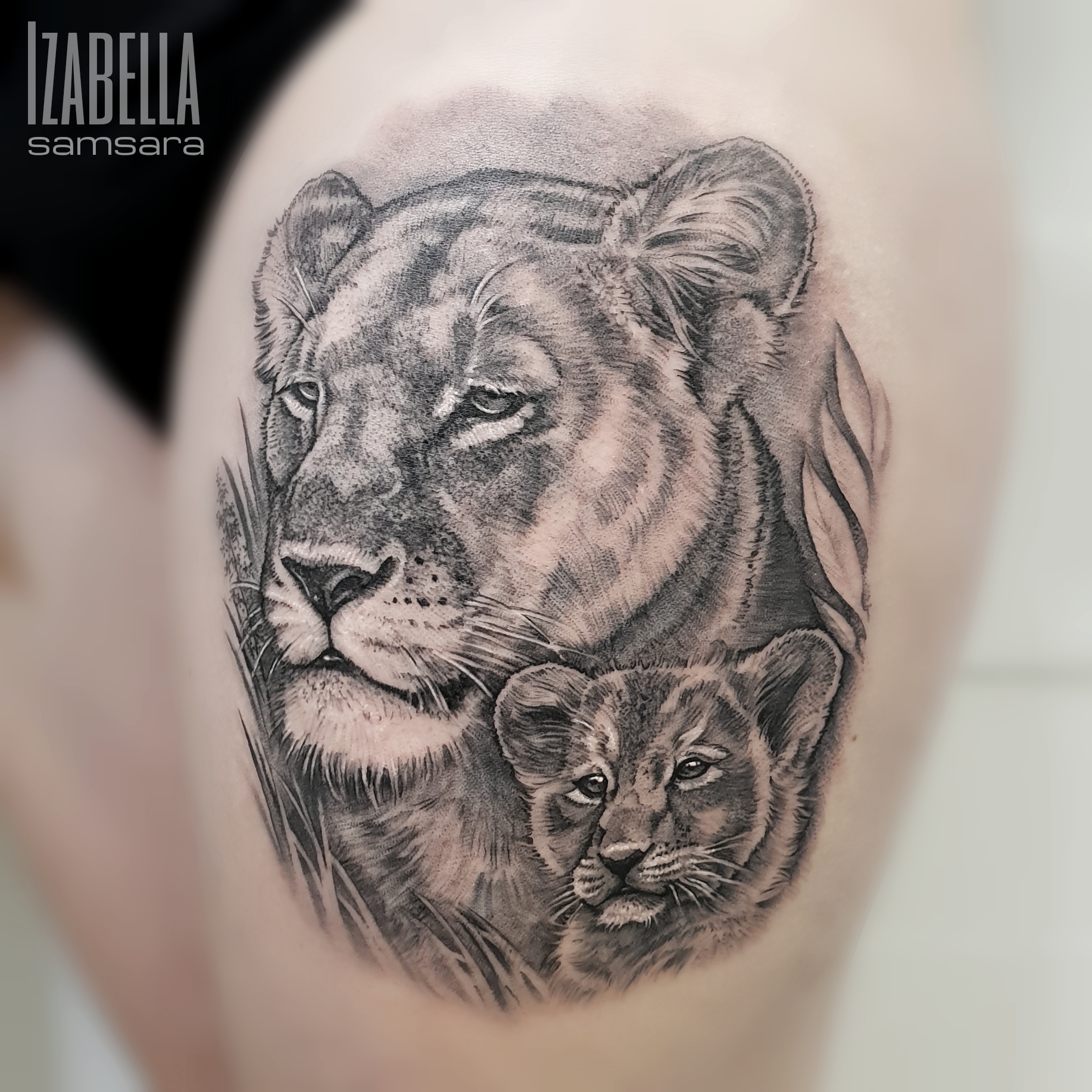 A detailed black and gray tattoo featuring a majestic lioness and a cub. The lioness has prominent facial features, with expressive eyes and subtle shading that gives depth to her fur. The young cub is nestled beside her, with a curious expression and softer fur details. The background includes delicate grass elements, enhancing the natural theme of the design.