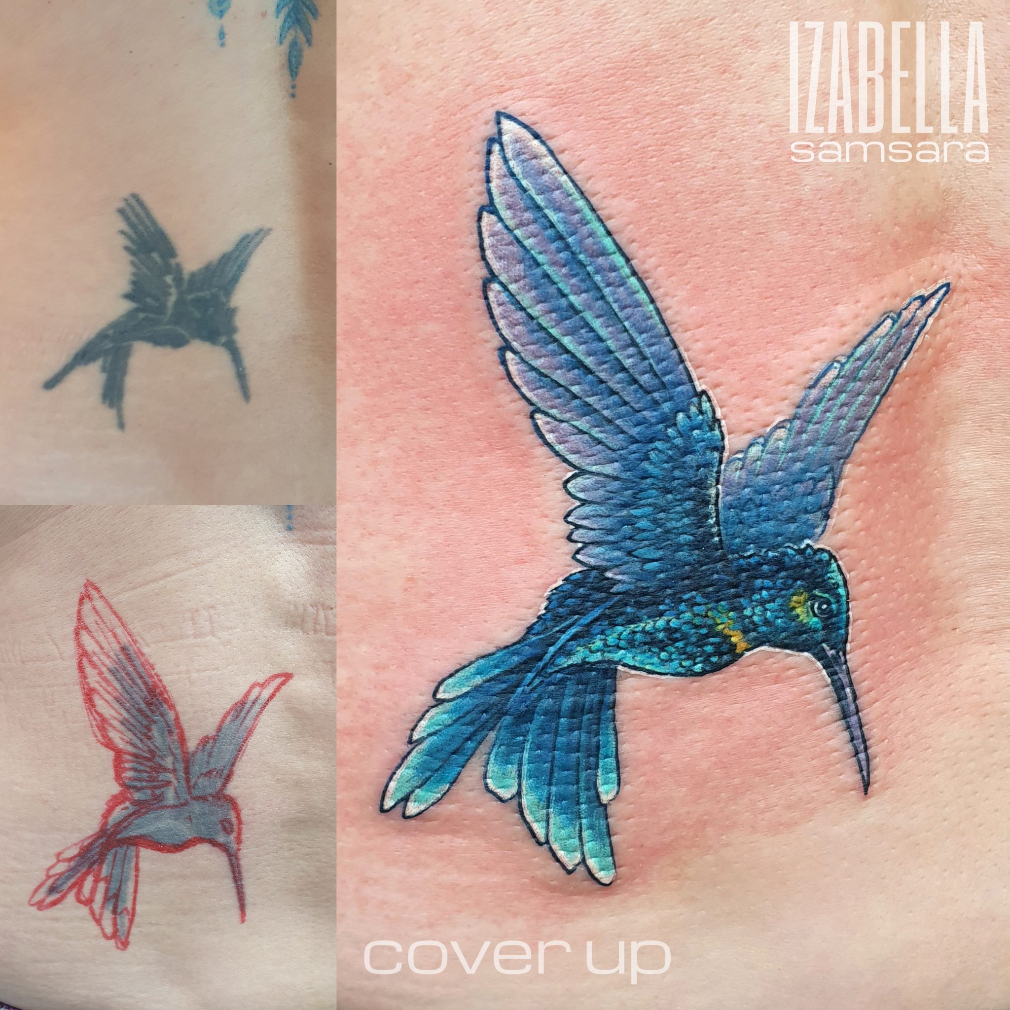 A vibrant and detailed tattoo of a hummingbird, showcasing blue and green feathers with intricate shading. The bird is in flight, displaying its wings in a dynamic pose. This cover-up tattoo replaces an older, faded design beneath it, highlighted by the contrasting colors and delicate artistry of the new hummingbird tattoo.