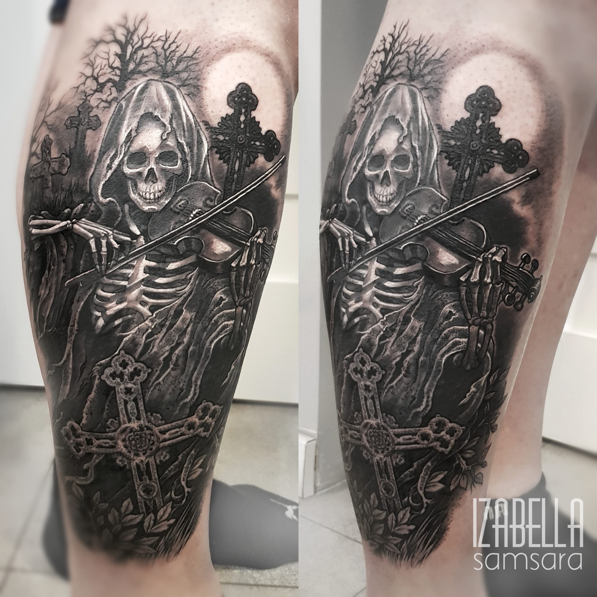 A detailed black and gray tattoo featuring a skeleton playing a violin while cloaked in a hood. The background includes twisted trees, a full moon, and ornate crosses intertwined with vines, creating a gothic atmosphere.