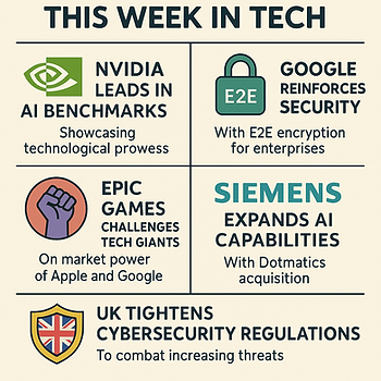 Tech news summary with icons: Nvidia leads AI benchmarks, Google boosts security, Epic Games challenges giants, Siemens expands AI, UK tightens cybersecurity.