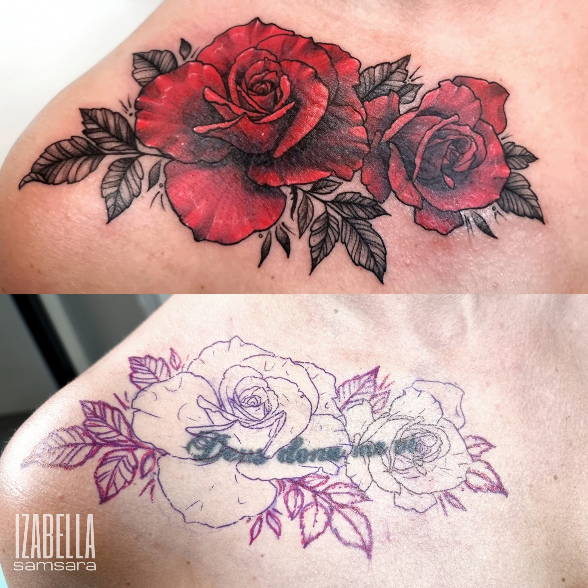 A vibrant cover-up tattoo featuring two red roses with detailed shading and intricate black leaves. The design overlays a previous tattoo outline of roses with text. The artwork is placed on the upper shoulder area, showcasing the artistry and transformation from the old tattoo to the new colorful design.