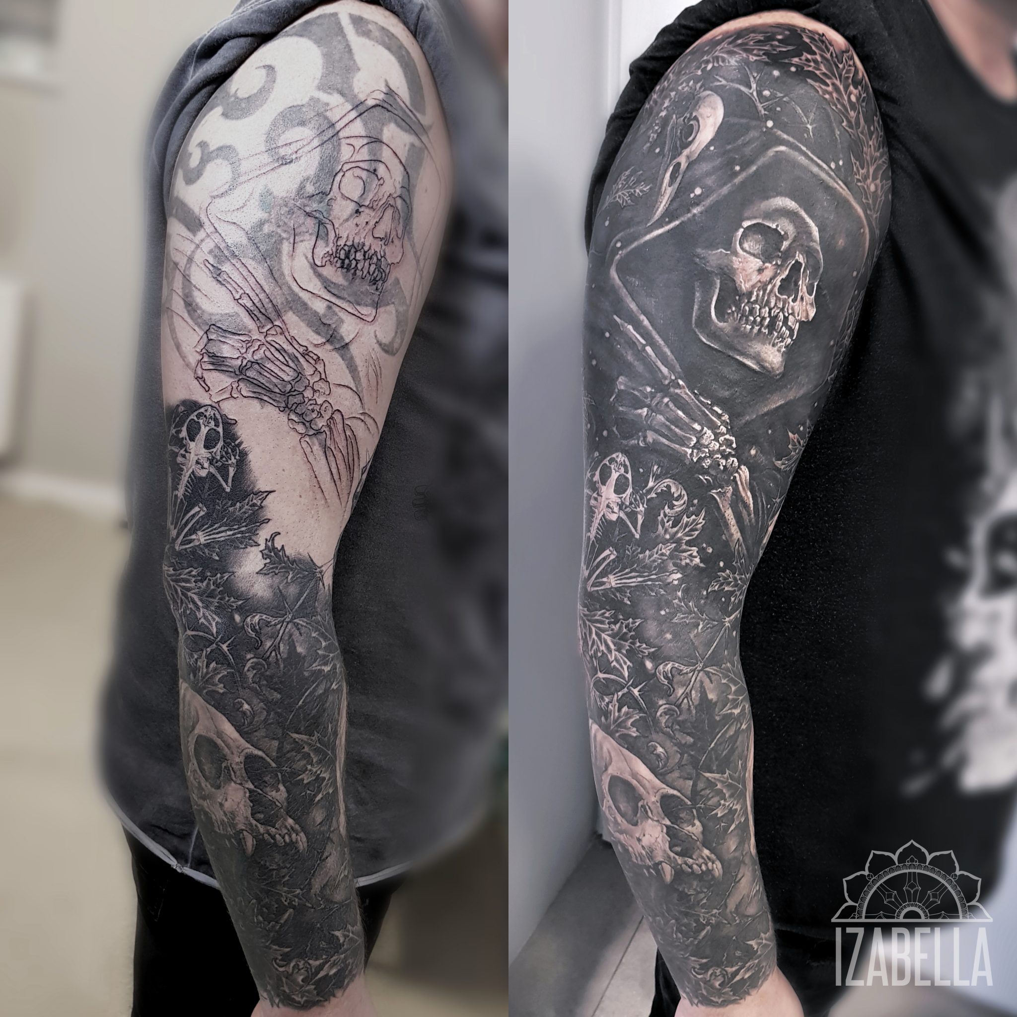 A detailed black and grey tattoo covering the arm, featuring a prominent skull in an elaborate design. The tattoo includes intricate elements such as bones, foliage, and dark, swirling patterns, creating a dramatic scene. The transition from the original lighter outline to the completed shading illustrates a striking transformation.