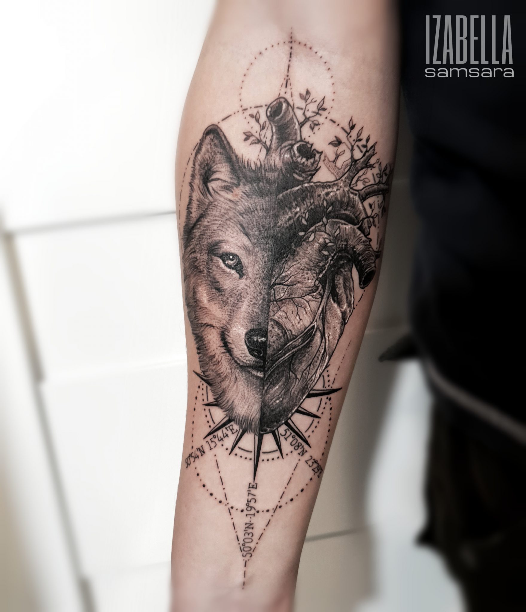 A detailed black and grey tattoo depicting a wolf's face emerging from a realistic human heart. The design features intricate shading and line work, complemented by a compass background with directional coordinates. The tattoo showcases a blend of nature and anatomical elements, illustrating a deep connection between wildlife and human emotion.