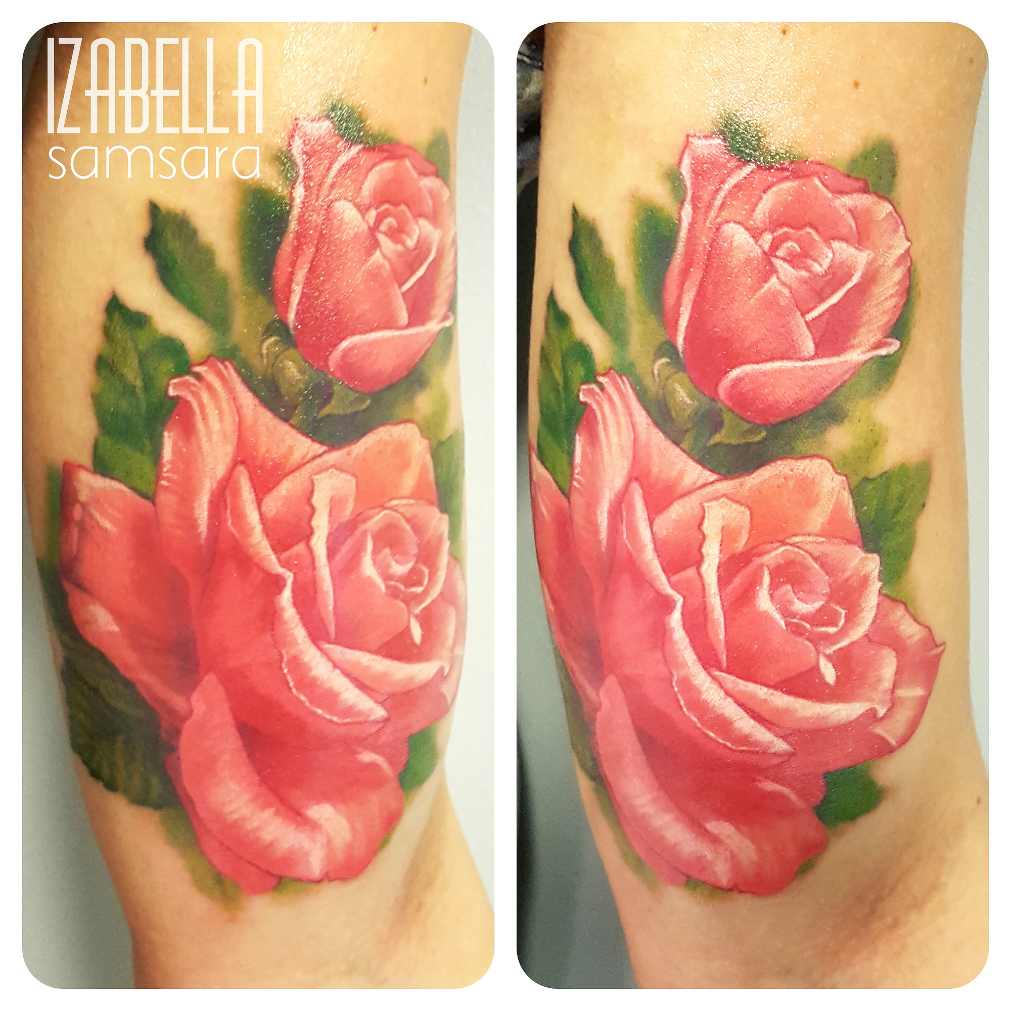 A vibrant tattoo featuring two blooming pink roses with intricate detailing, surrounded by lush green leaves. The roses exhibit realistic shading and highlights, creating a three-dimensional effect, perfect for floral tattoo enthusiasts.