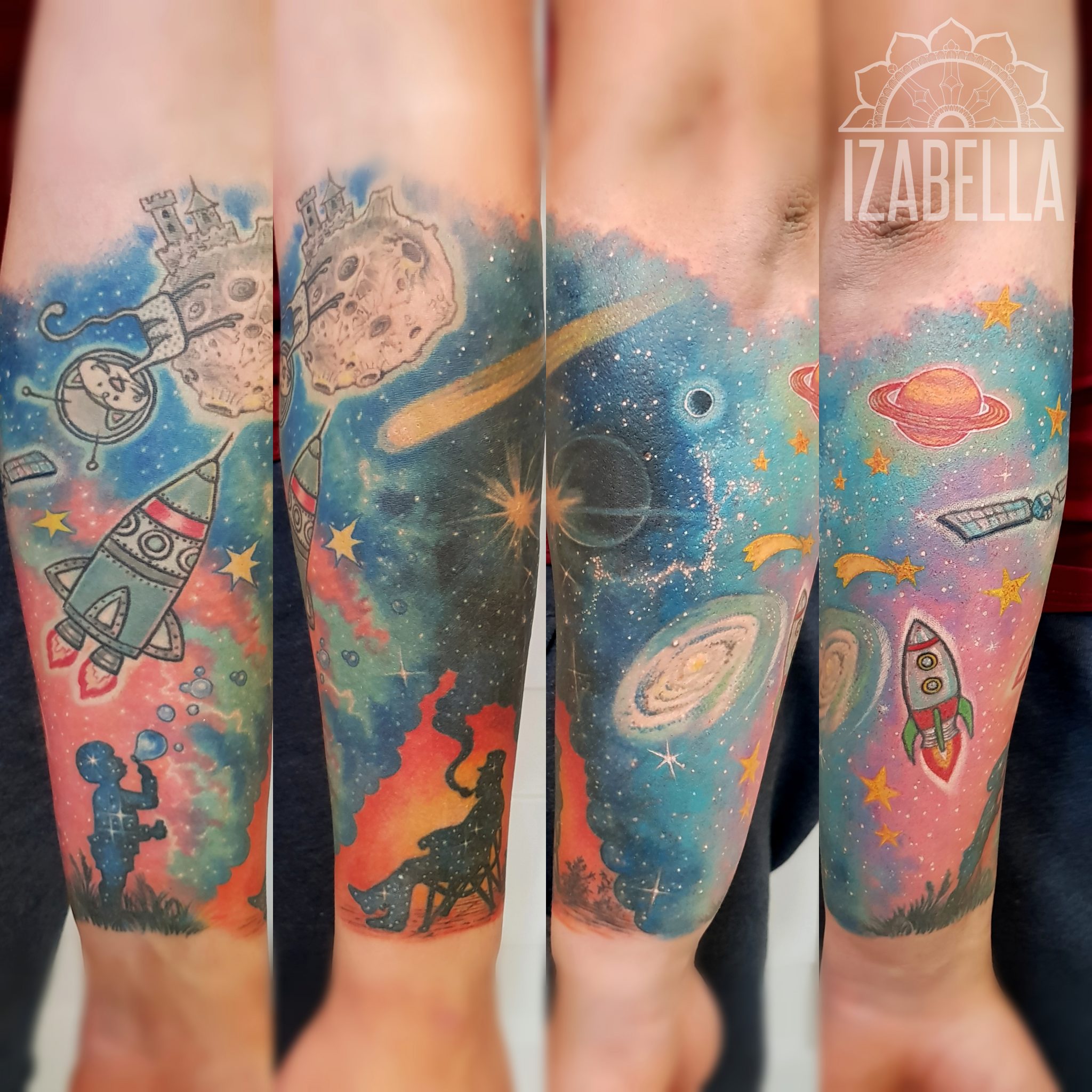 Colorful cosmic tattoo featuring rockets, planets, stars, and a silhouette of a person sitting and smoking. The design blends elements of space exploration with a whimsical style, showcasing bright blues, pinks, and greens in a galaxy-themed backdrop.