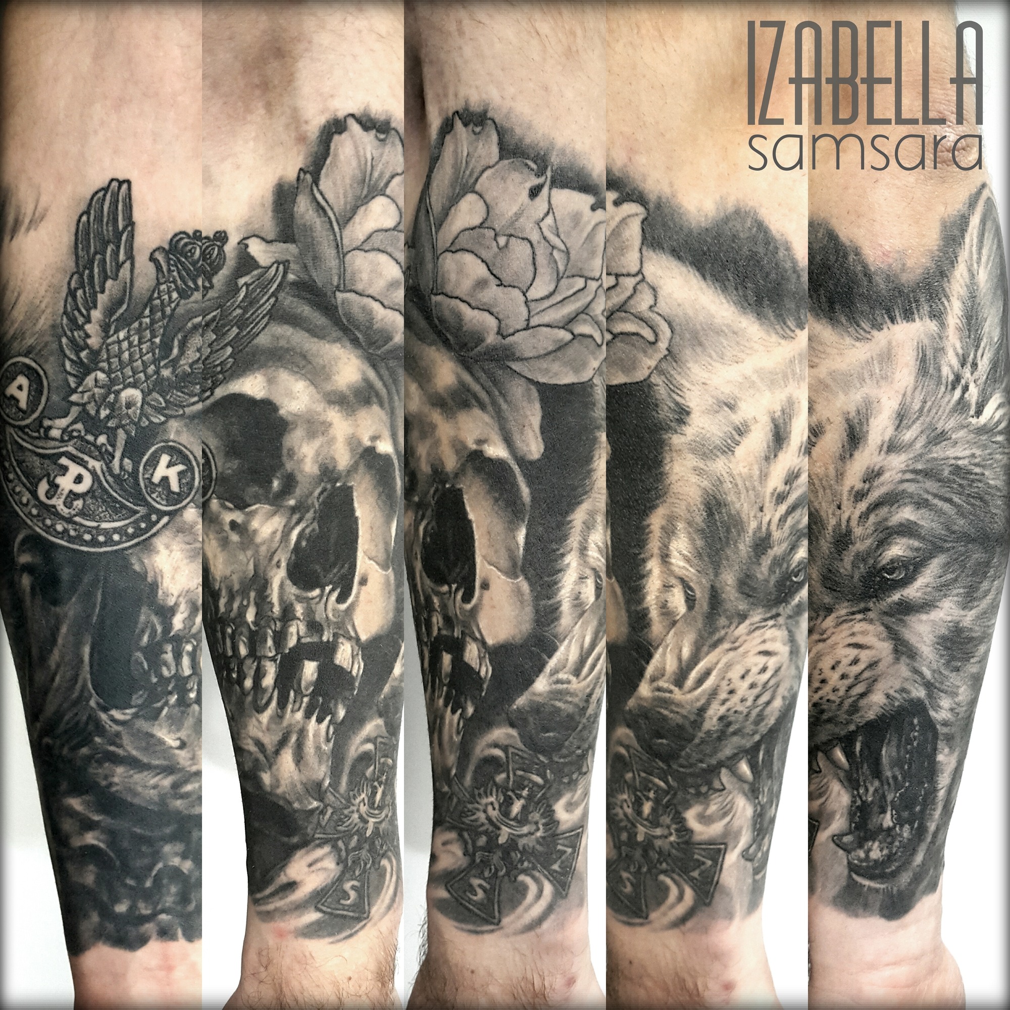 A detailed black and grey tattoo featuring a skull, a rose, and a fierce wolf. The skull is positioned prominently, showing intricate shading and textures, with the rose delicately placed above it. The wolf is depicted in a dynamic pose, howling with an intense expression, surrounded by ornamental elements like a compass or cross design. This striking artwork showcases high realism and depth, fitting for those searching for unique black and grey tattoo designs.