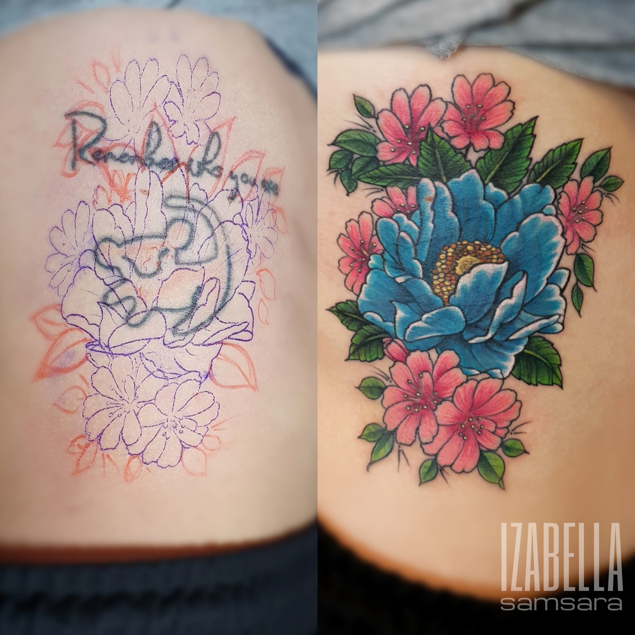 A vibrant floral tattoo featuring a large blue peony surrounded by pink flowers and green leaves. The design showcases intricate details, with a bright color palette that includes various shades of blue, pink, and green, creating a lively and fresh appearance.