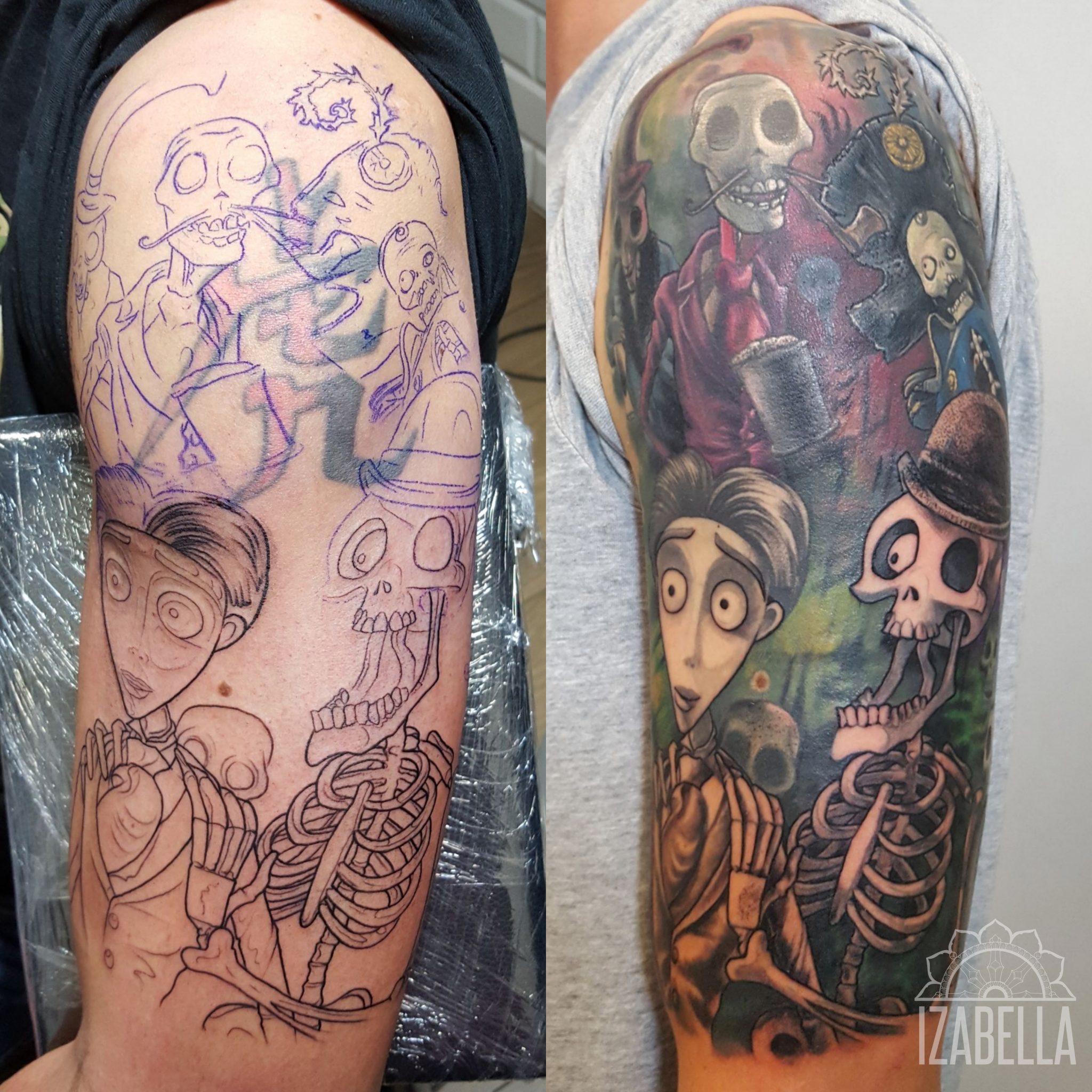 A colorful tattoo featuring two skeleton characters in a lively scene. One skeleton wears a top hat and smokes a pipe while the other, a young man in a suit, appears surprised. The background is filled with whimsical elements and vibrant colors, creating a playful yet eerie atmosphere characteristic of day of the dead or Halloween-themed art.