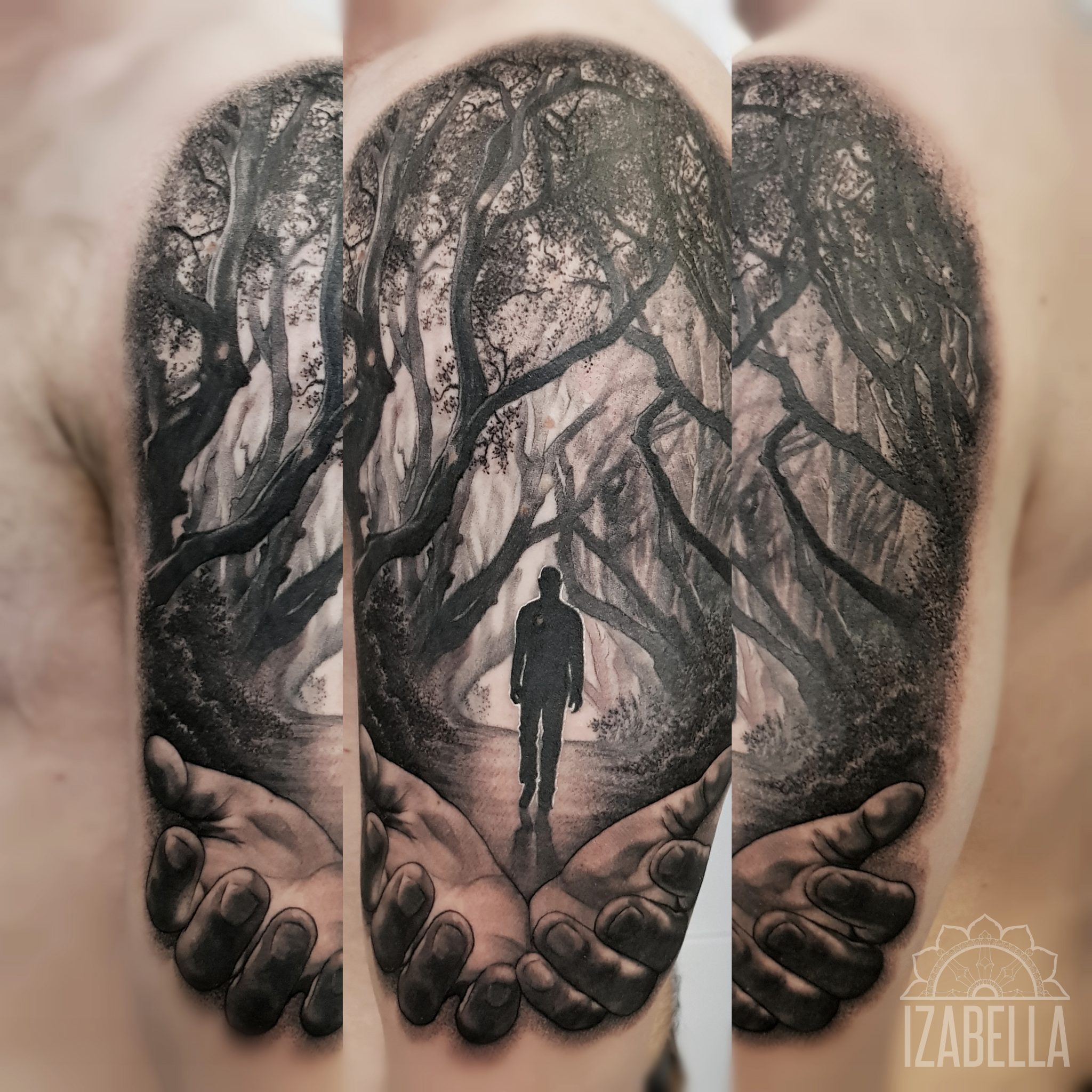 A detailed black and gray tattoo depicting a pair of large hands cradling a winding path in a forest. In the background, thick trees form a canopy over the path, leading to a silhouetted figure walking towards the viewer, creating a sense of serenity and exploration.