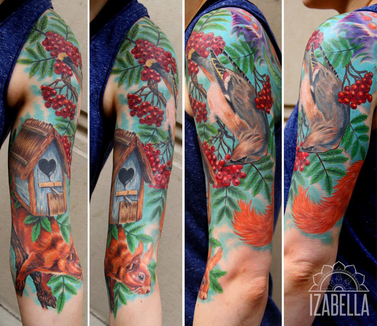 A vibrant tattoo design featuring a detailed brown and orange squirrel climbing on green leaves, accompanied by a bird perched on a cluster of red berries. A charming wooden birdhouse with a heart-shaped opening is also included in the composition, surrounded by lush greenery, bringing a natural and whimsical feel to the tattoo.