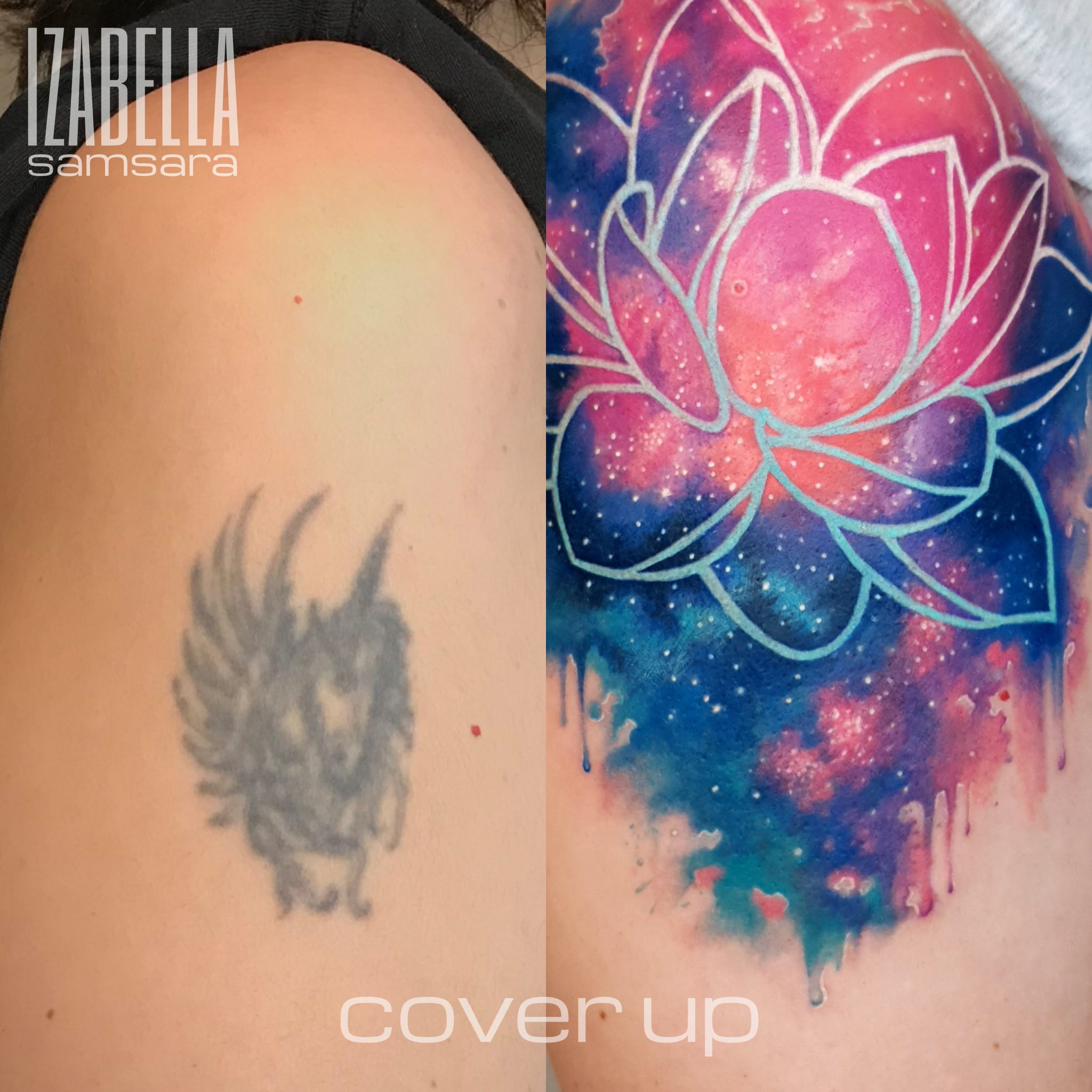 A vibrant cover-up tattoo featuring a large, colorful lotus flower with pink and purple hues, set against a cosmic background with blue and pink splashes resembling a galaxy. The design includes intricate line work detailing the lotus petals and is created in a watercolor style, effectively covering a previous faded tattoo.