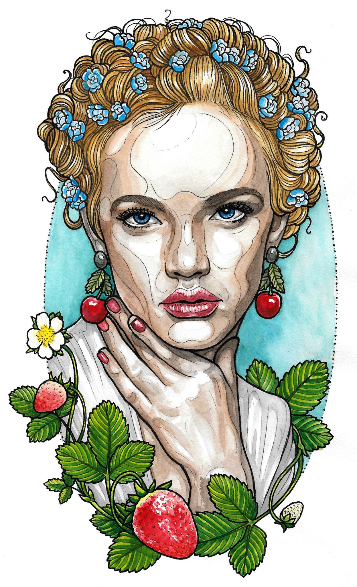 A colorful tattoo featuring a woman with blonde hair styled in curls adorned with small blue flowers. She is depicted with striking blue eyes and bold red lips. Her earrings are cherry-shaped, and she rests her hand delicately on her neck. Surrounding her are lush green strawberry plants with vibrant strawberries and white flowers, creating a vivid and naturalistic design.