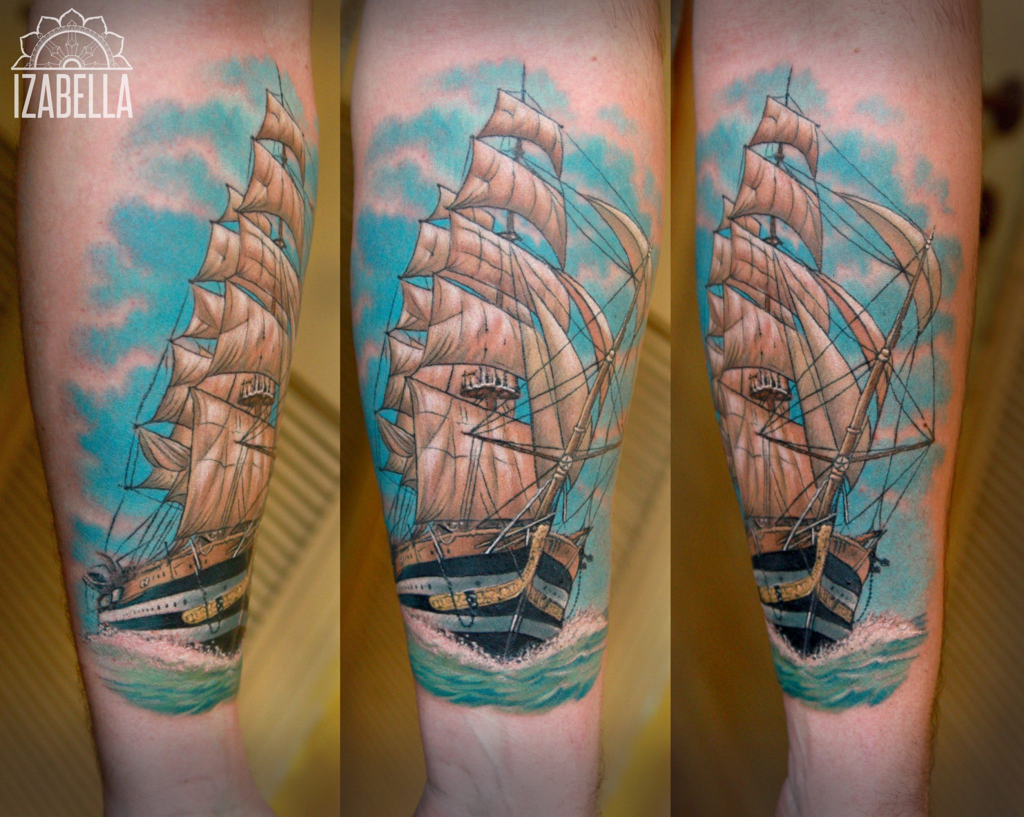 A vibrant colorful tattoo featuring a large sailing ship with multiple sails, surrounded by soft blue clouds and waves. The ship has detailed woodwork visible on its hull, with a mixture of browns and blacks, and the sails are painted in a light tan color. This nautical-themed design is set against a backdrop that enhances its dynamic movement, making it an eye-catching piece of body art.