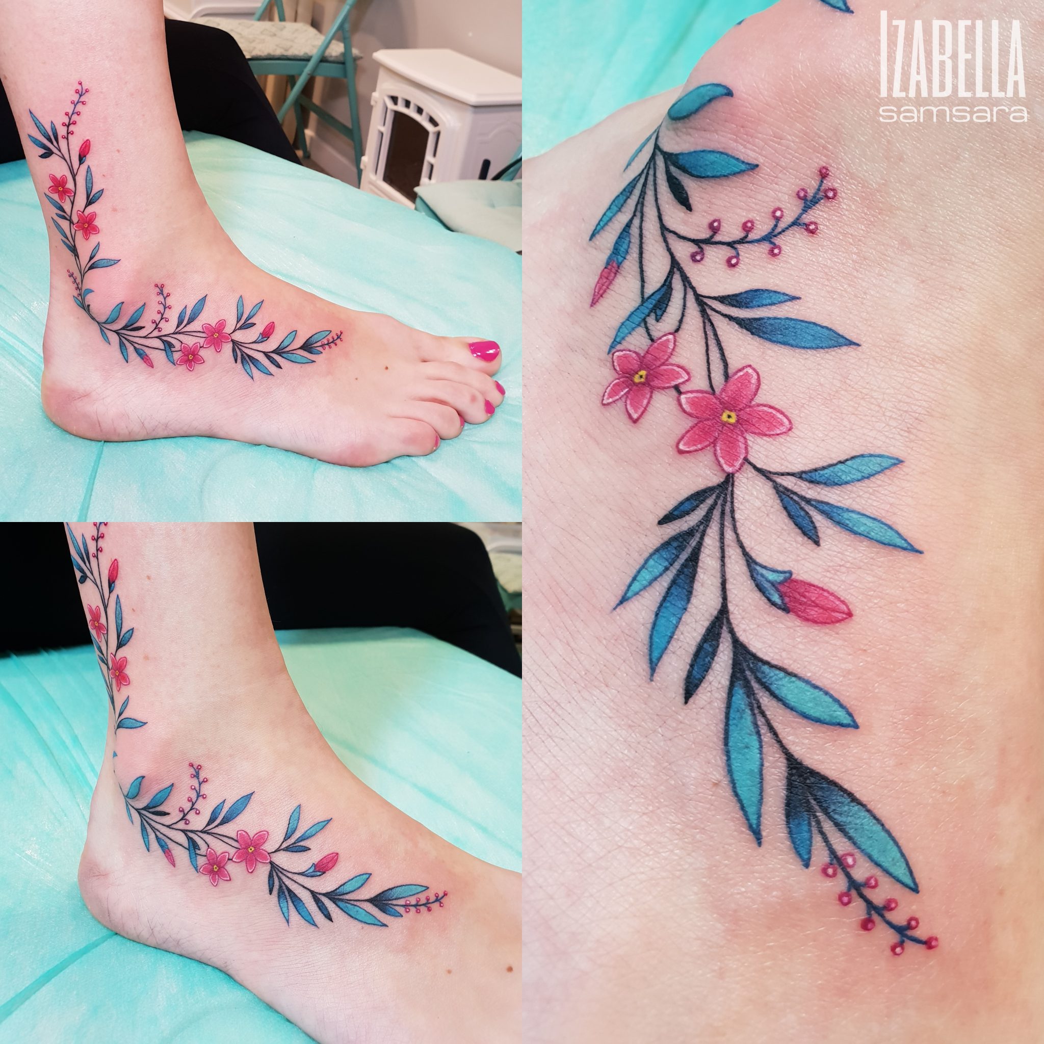 A vibrant floral tattoo featuring pink flowers and green leaves, elegantly wrapping around the ankle and foot, designed with intricate details and shades of blue and pink. Ideal for nature enthusiasts, this tattoo embodies floral elements and beauty on the skin.