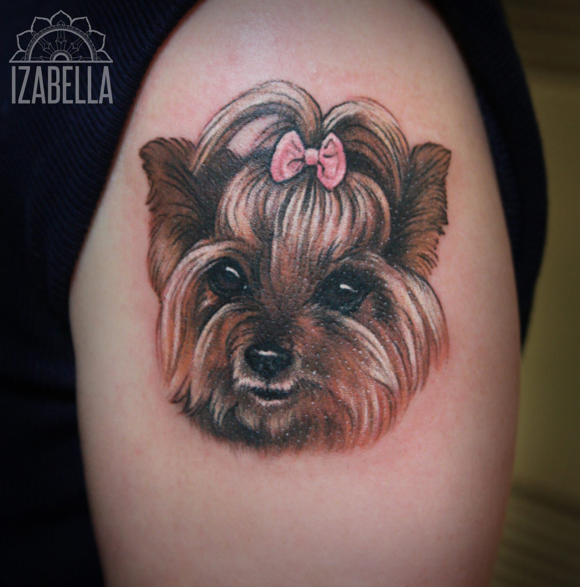 A detailed, colorful tattoo of a Yorkshire Terrier dog's face with a pink bow in its hair, showcasing realistic fur texture and expressive eyes, set on a person's arm.