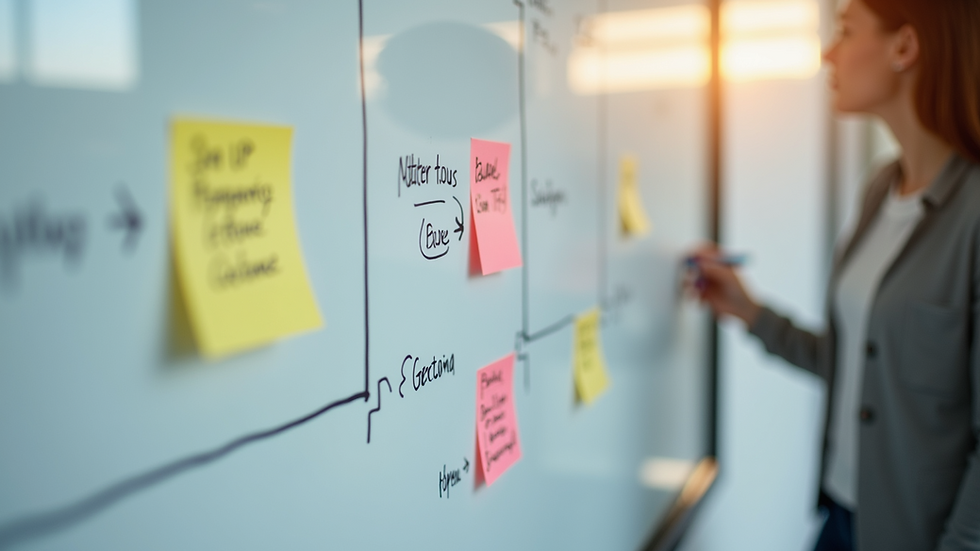 Eye-level view of a whiteboard with product roadmap and sticky notes