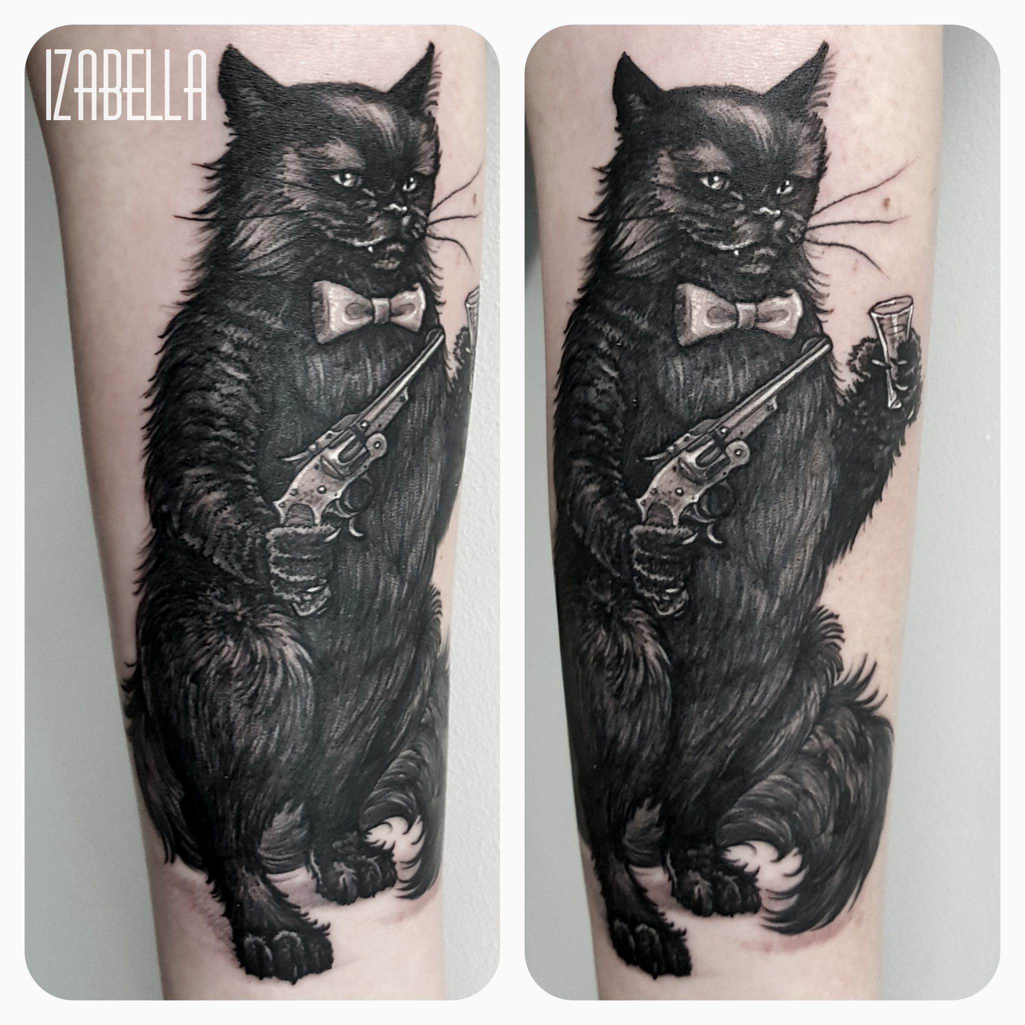Detailed black and gray tattoo of a large, sassy black cat wearing a bow tie, confidently holding a vintage revolver in one paw and a test tube in the other. The cat is depicted standing upright with an expressive facial expression, showcasing intricate shading and fur texture.