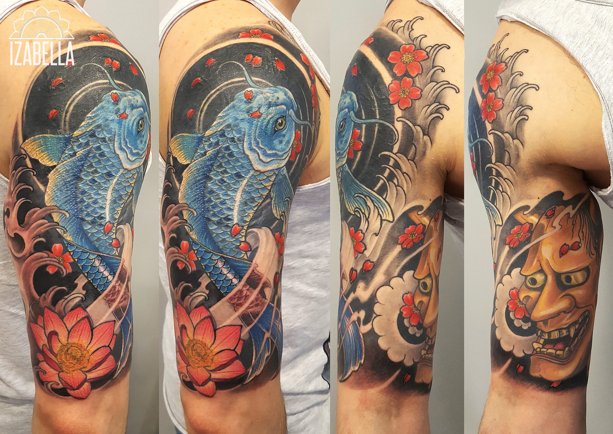 A vibrant tattoo featuring a large, detailed blue koi fish surrounded by swirling waves, pink lotus flowers, and red cherry blossom petals. The design showcases intricate shading and vibrant colors, highlighting elements of Japanese tattoo art. The tattoo is wrapped around the arm, capturing a dynamic and flowing composition.