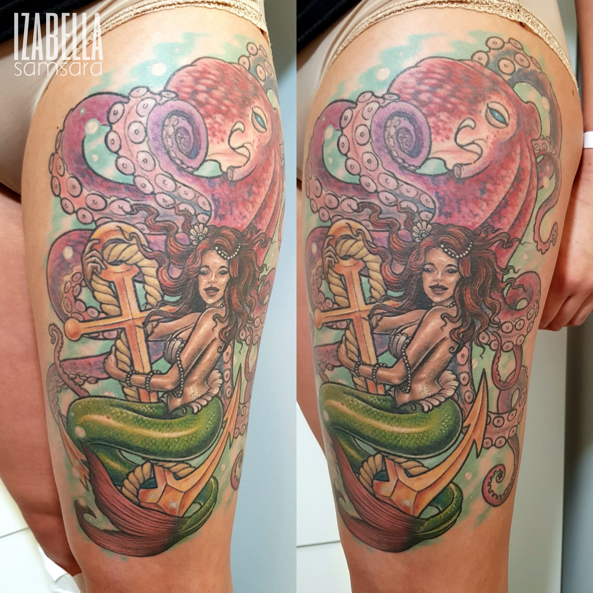 A vibrant tattoo featuring a mermaid with long, flowing hair and a serpent tail, intertwined with an anchor. Above the mermaid, a colorful octopus with swirling tentacles adds depth to the design. The background is filled with soft green and blue hues, creating an oceanic atmosphere, showcasing a blend of fantasy elements.