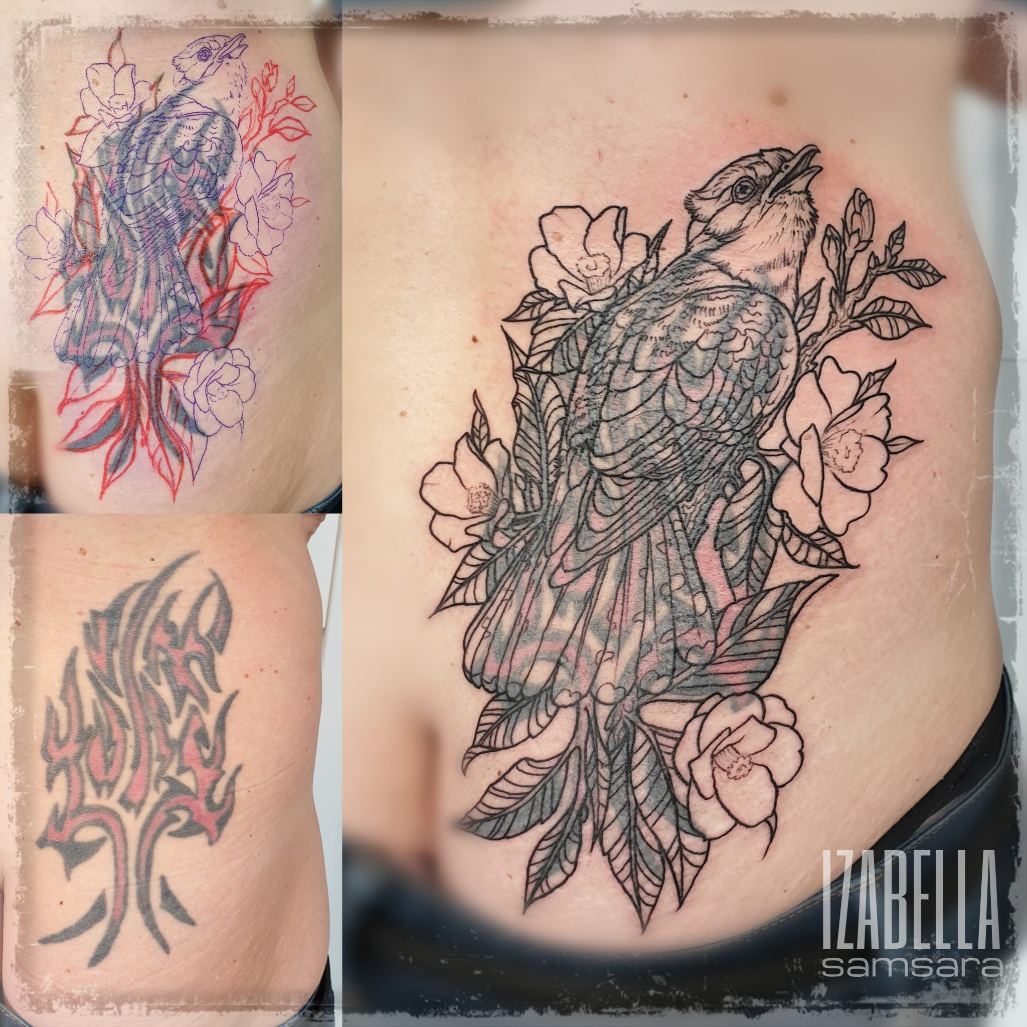 A detailed black and gray tattoo featuring a beautifully illustrated bird surrounded by flowers and leaves. The bird is perched with an open beak, showcasing intricate feather patterns. The design incorporates soft lines and floral elements, creating an elegant balance, ideal for those seeking nature-themed body art.