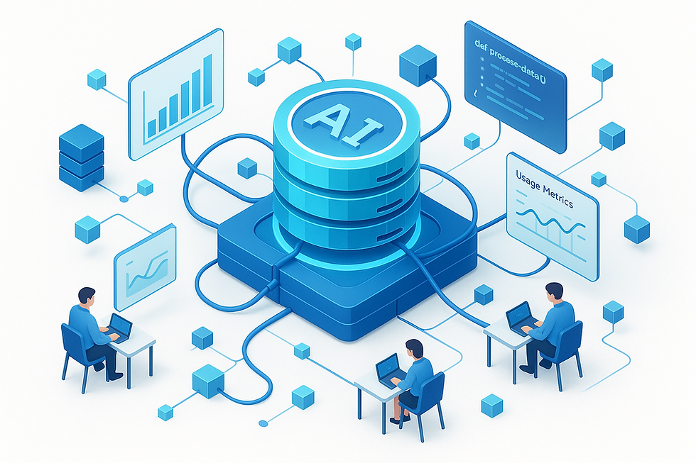 AI processor with icons for security, growth, and marketing