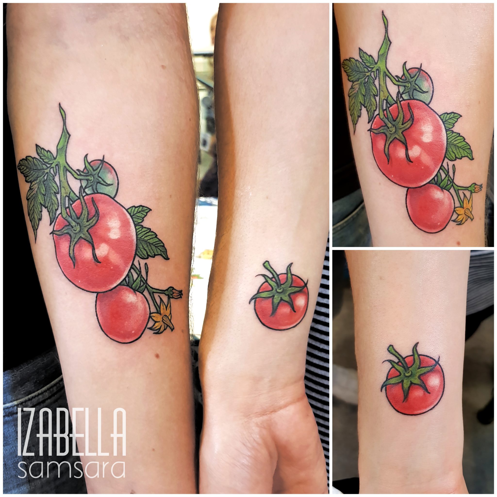 Colorful tattoo design featuring red tomatoes with green leaves and a yellow flower. The tattoo showcases two large red tomatoes with detailed shading and a smaller tomato depicted on the wrist, creating a vibrant and eye-catching nature-inspired piece.