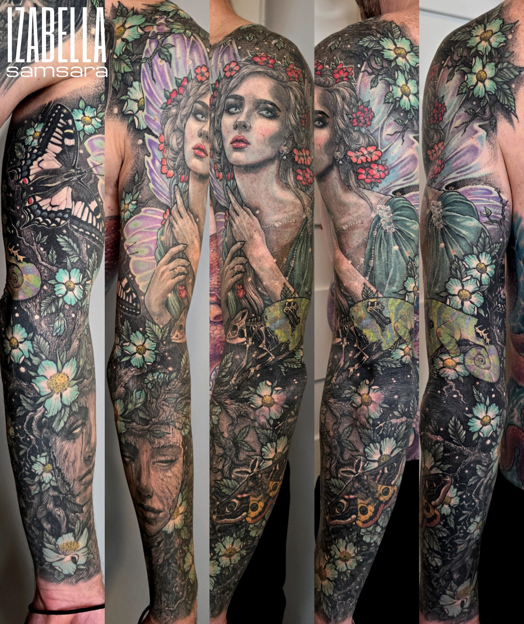 A vibrant tattoo sleeve featuring intricate designs, including a large butterfly, floral elements, and two portraits of women with detailed facial expressions. The artwork combines colorful flowers with shades of green and blue, creating a nature-inspired theme. The tattoo showcases a blend of realism and artistic flair, with elements of fantasy such as wings and leaves intertwined with the portraits.