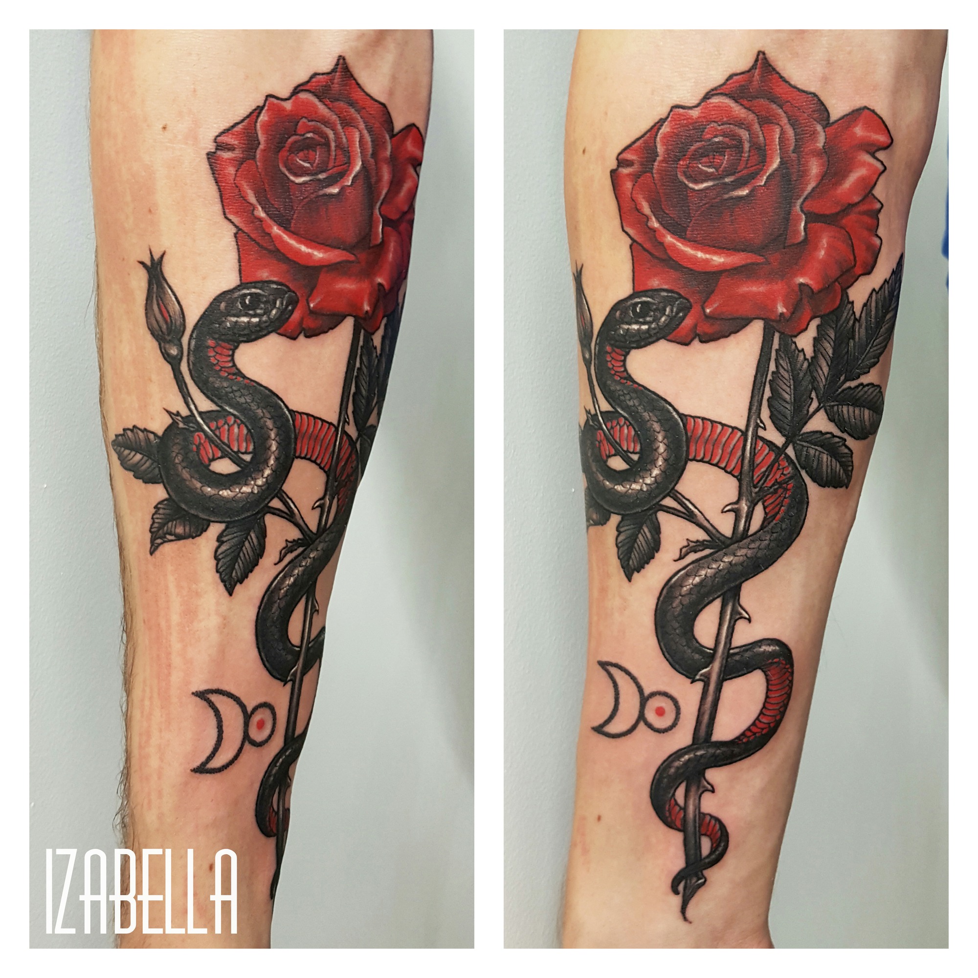 A vibrant tattoo featuring a large red rose entwined with a black and red snake, detailed with leaves and a floral stem. The design also includes small celestial symbols, creating a striking contrast against the skin. This artistic piece combines elements of nature and mysticism, making it a unique body art piece.