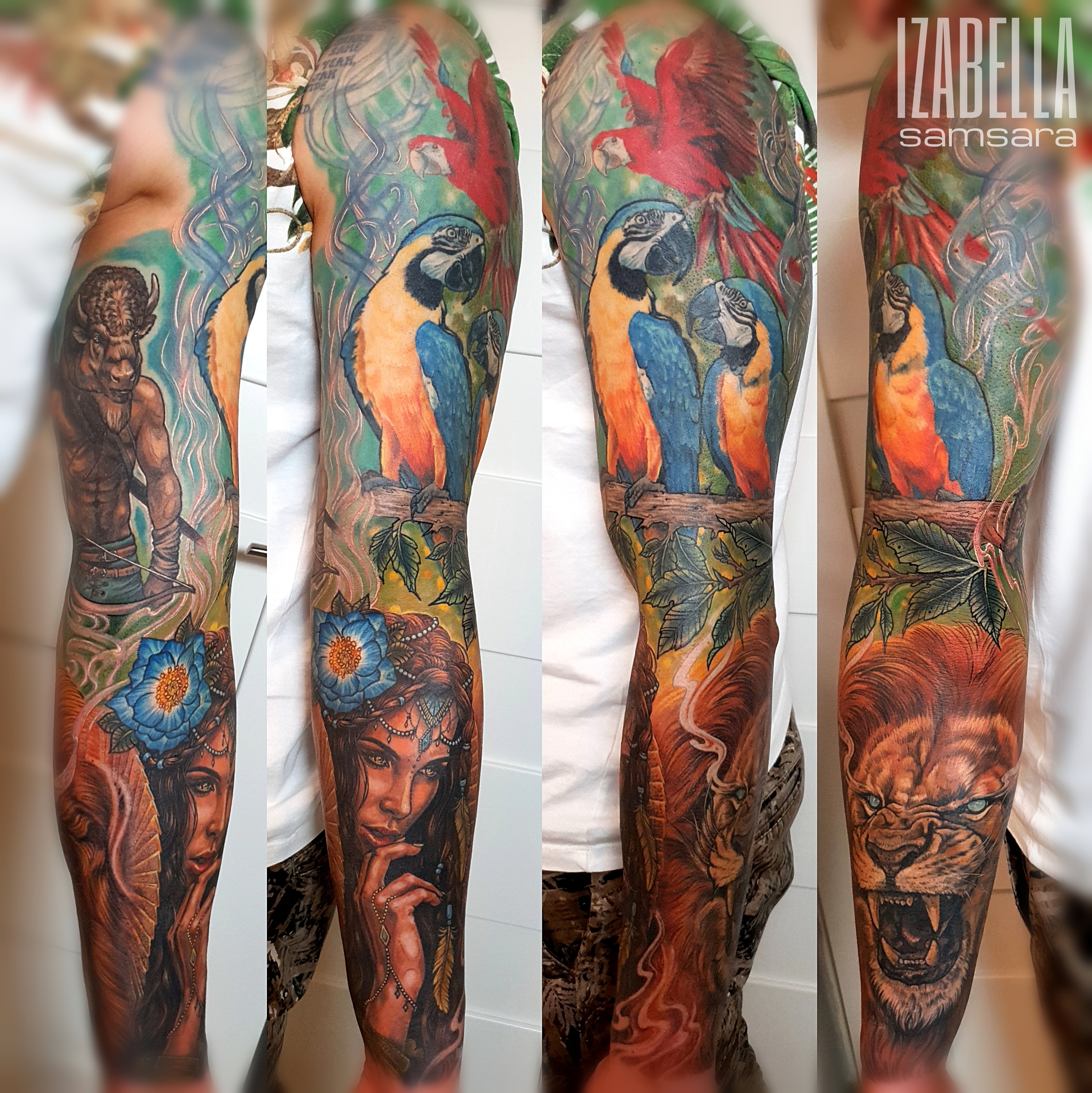 A vibrant full sleeve tattoo featuring colorful elements including macaws perched on branches, a fierce lion's face, a beautiful woman adorned with jewelry, and a muscular figure holding weapons. The background is filled with lush foliage and mystical designs, creating a visually captivating and detailed artwork that symbolizes nature and strength.