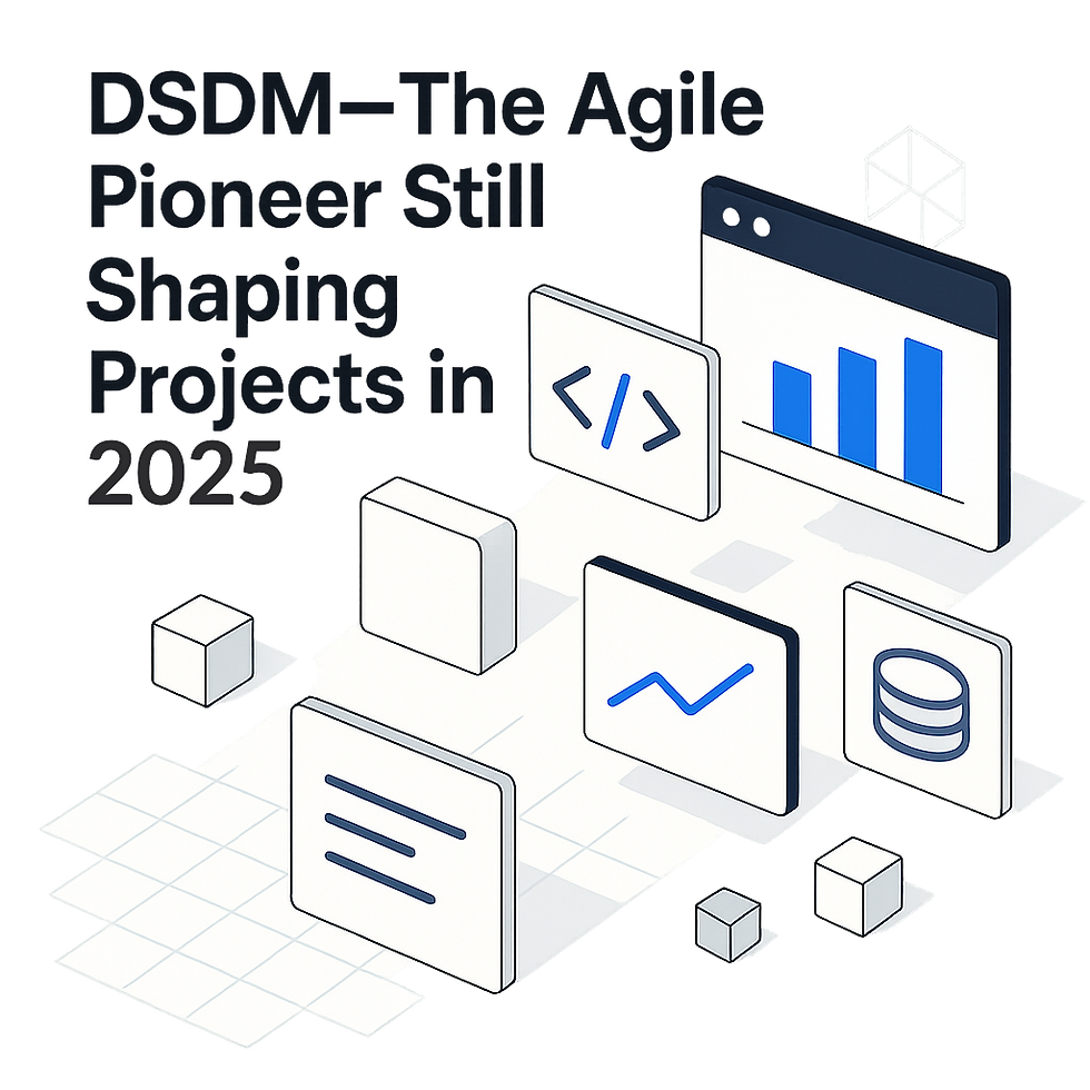 Geometric icons in a digital space, including code and graphs. Text: "DSDM—The Agile Pioneer Still Shaping Projects in 2025."