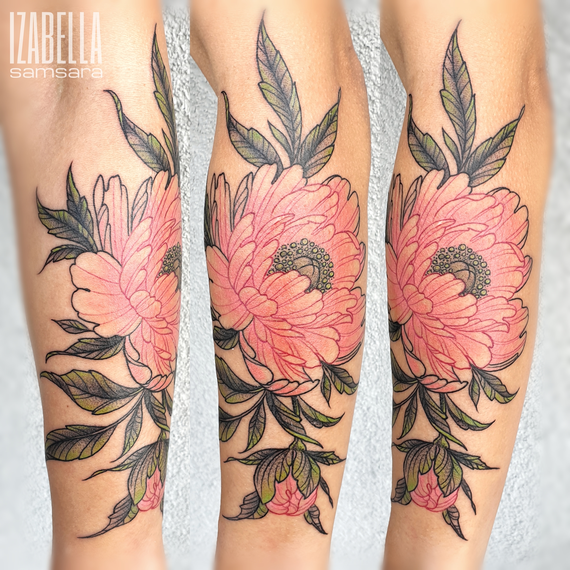 A colorful floral tattoo featuring large pink peonies with intricate detailing, complemented by green leaves. The tattoo is vibrant and covers the forearm, showcasing a blend of realistic flower art and bold outlines, making it an eye-catching design.