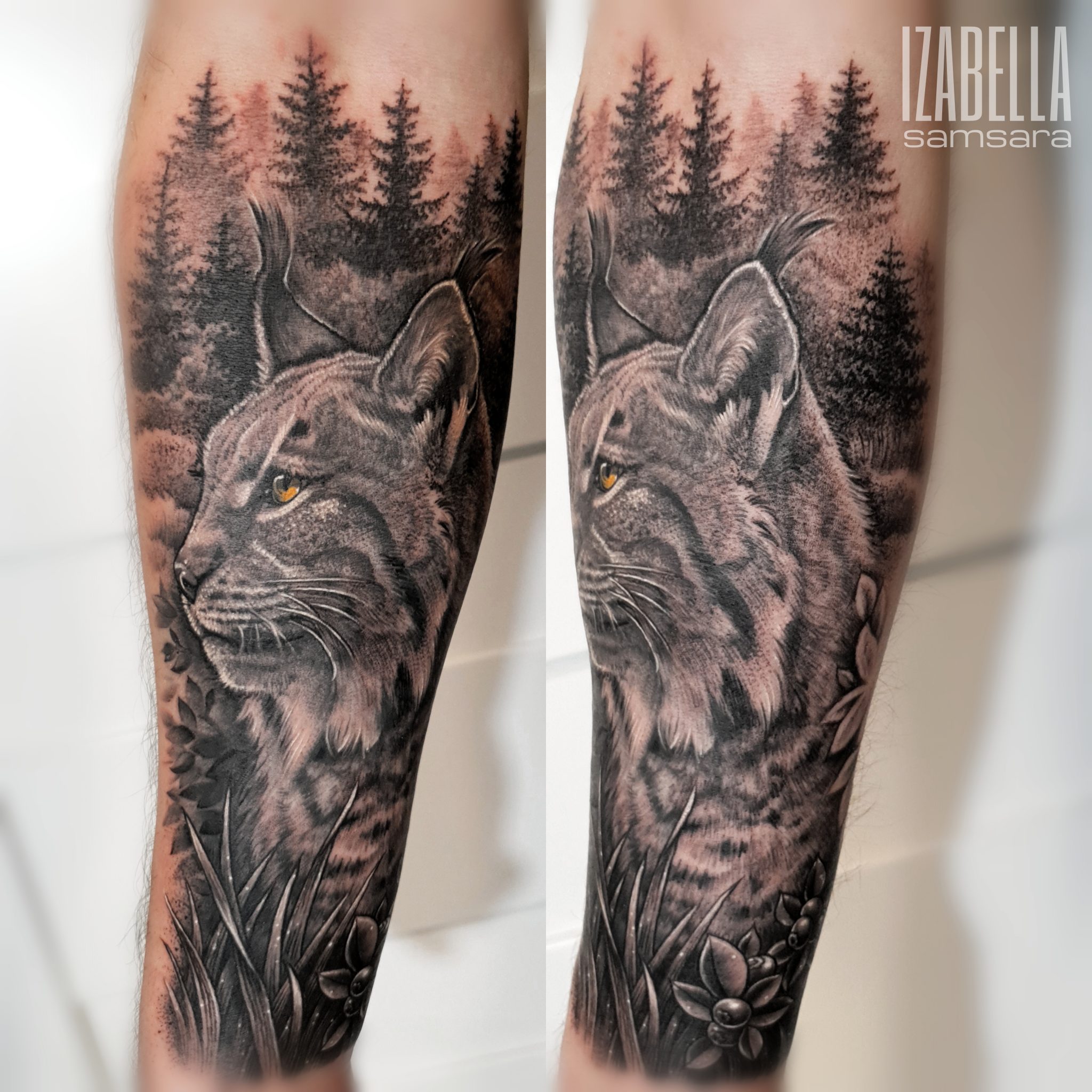 A detailed black and gray tattoo of a lynx's profile surrounded by a forest scene. The lynx has piercing yellow eyes and features a realistic fur texture. In the background, dense dark trees create a natural habitat, while the foreground includes delicate flowers and grass, enhancing the tattoo's depth and intricacy.