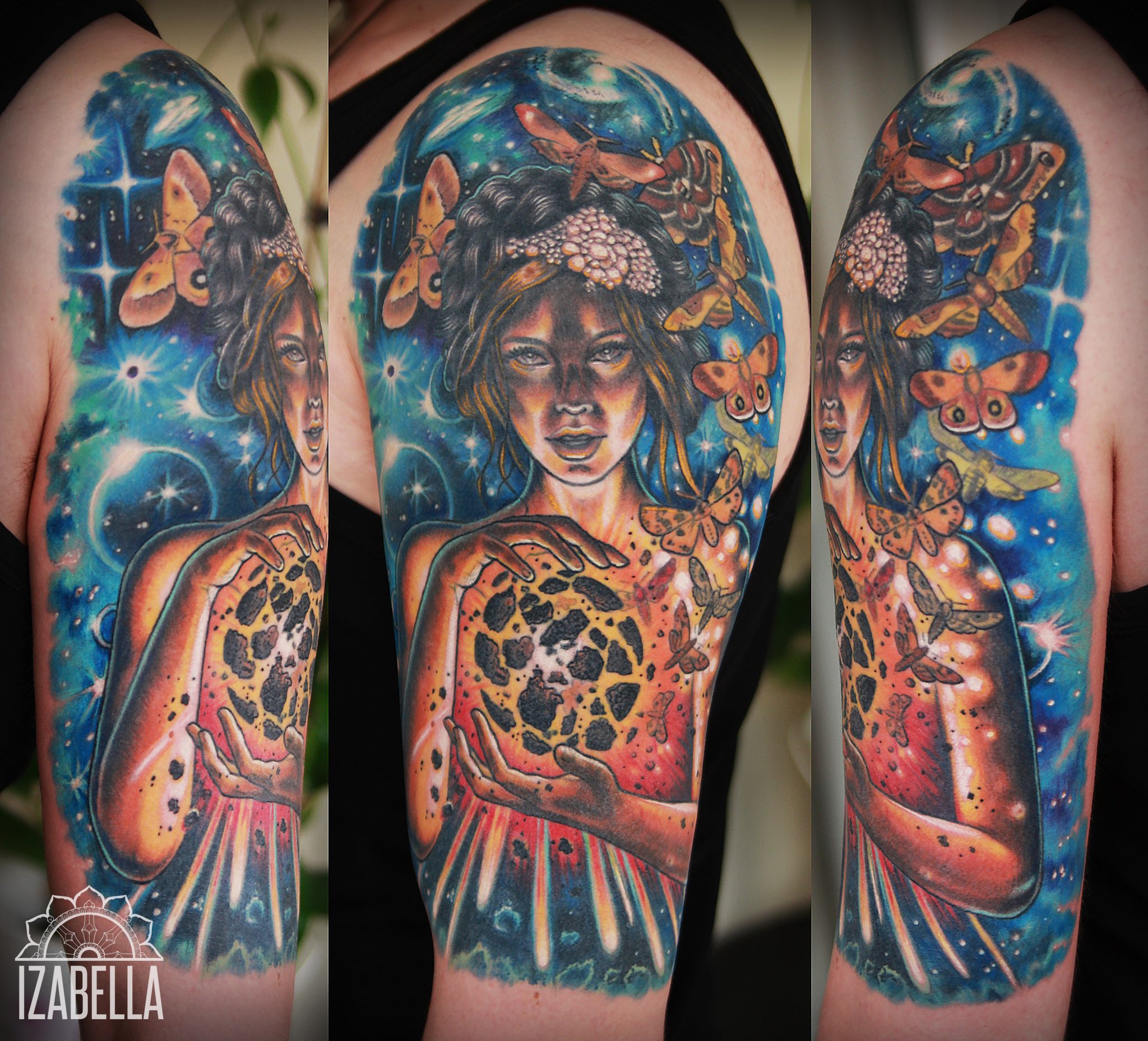A vibrant tattoo depicting a woman with dark hair adorned with flowers and butterflies, holding a textured sphere. The background features a cosmic theme with stars and colorful swirls, enhancing the ethereal feel. The woman's expression is intense, conveying a sense of mystery and connection to nature.