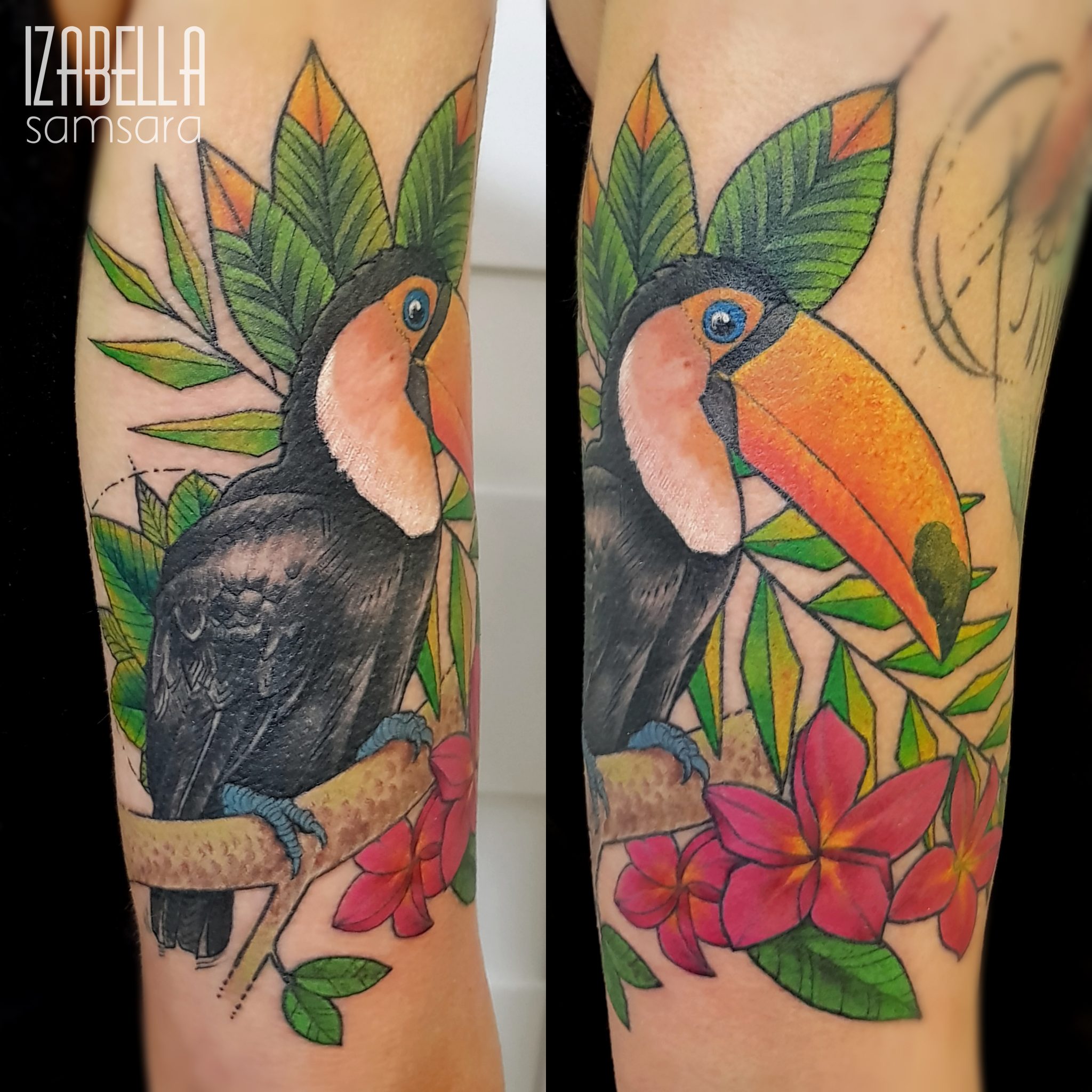 A vibrant tattoo featuring a colorful toucan perched on a branch surrounded by lush green leaves and pink tropical flowers. The toucan's prominent orange beak and detailed feathers create a striking contrast against the vivid foliage, capturing the essence of a tropical paradise.