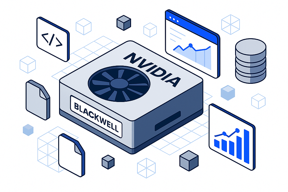 Isometric illustration of an NVIDIA Blackwell chip with surrounding data symbols and icons, including graphs, files, and code, on a grid.