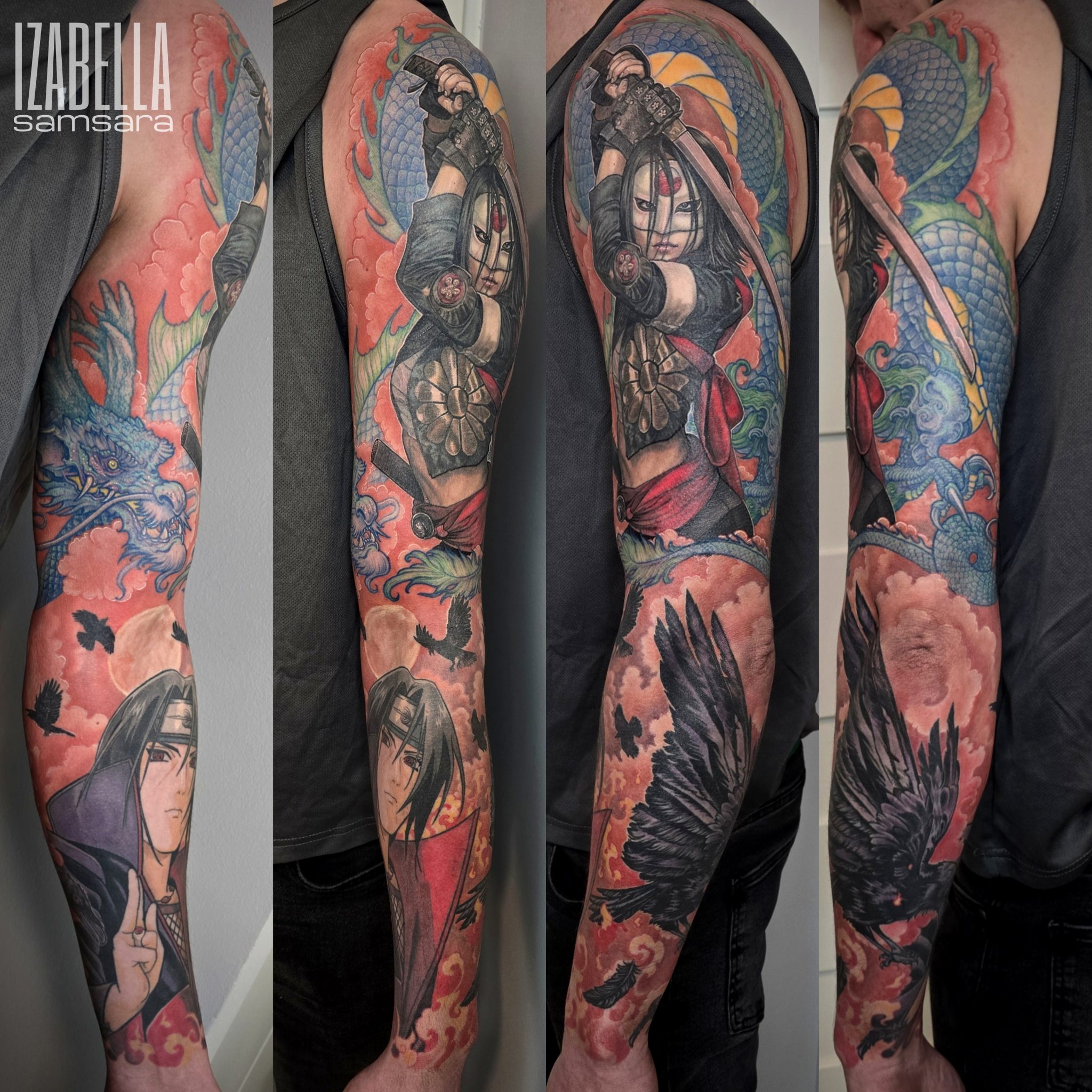 A vibrant tattoo sleeve featuring a warrior with a sword, surrounded by a dragon and colorful clouds. The design includes intricate details of a raven, with additional elements of Japanese-inspired art and floral motifs, blending vivid colors and dynamic poses to create a captivating visual narrative.