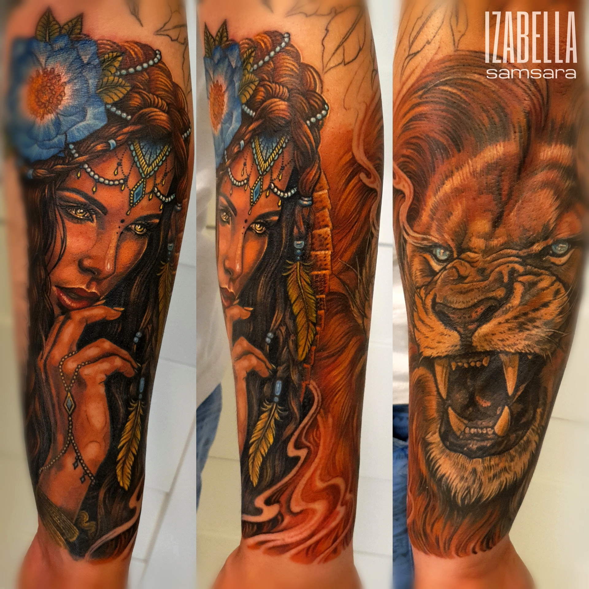 Colorful tattoo featuring a detailed portrait of a woman with braided hair adorned with a flower and feathers, alongside a fierce lion's face with intense blue eyes and bared teeth. The artwork showcases vibrant colors and intricate designs, emphasizing the woman's expression and the lion's powerful demeanor, making it a striking piece of body art.