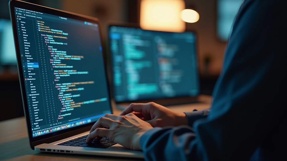 Eye-level view of a software developer working on code on a laptop