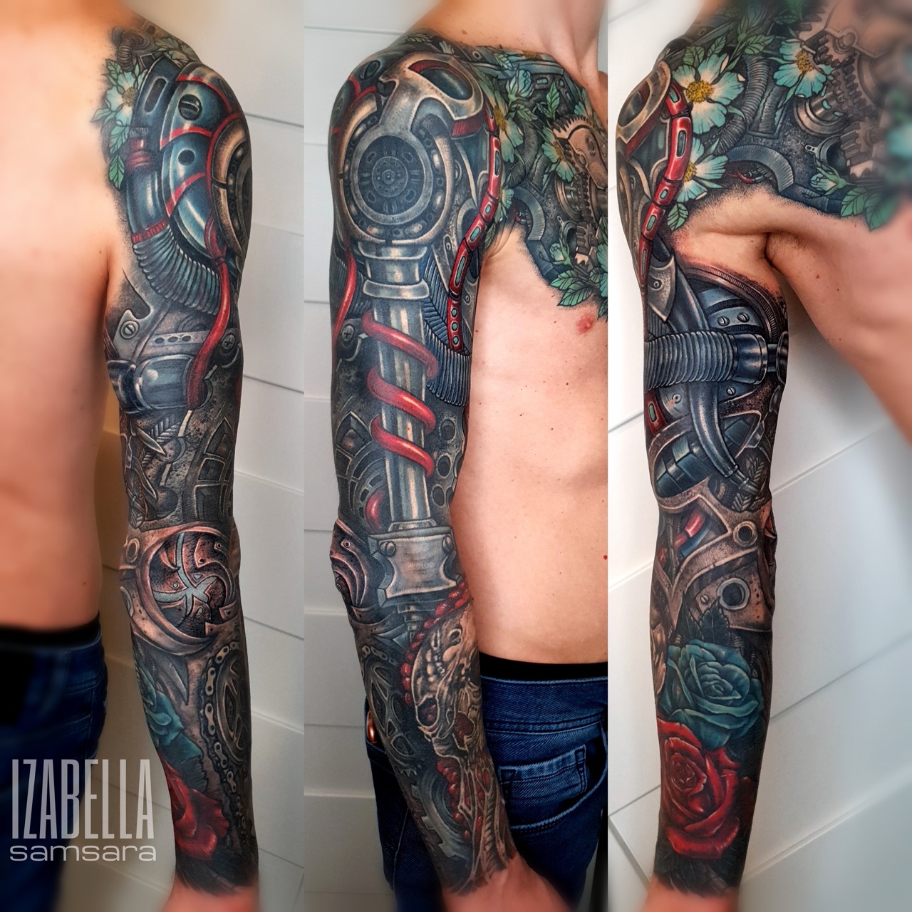 A vibrant full sleeve tattoo featuring intricate robotic elements combined with mechanical gears, pipes, and wires. The design showcases a blend of colorful roses and floral accents, intertwined with metallic structures, displaying a realistic 3D effect. The tattoo extends from the shoulder down to the wrist, highlighting both organic and industrial motifs, perfect for steampunk or biomechanical tattoo enthusiasts.